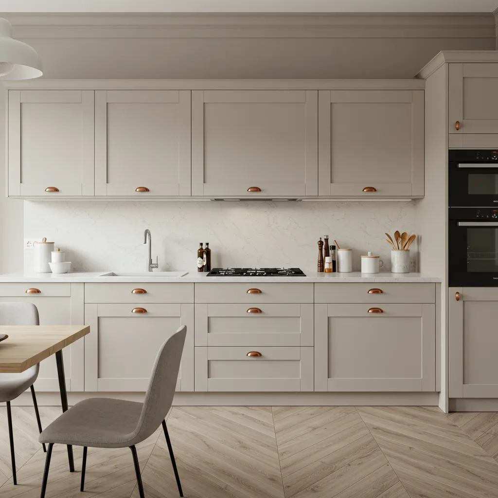 greige kitchen cabinets