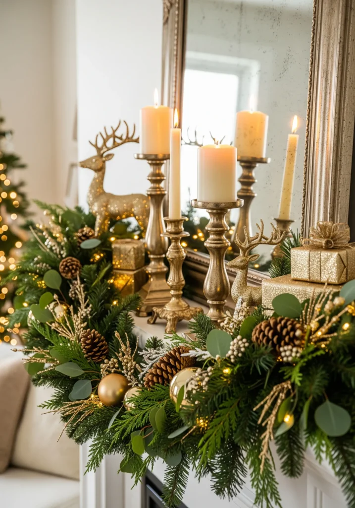 11 Elegant Christmas Mantel Decorating Ideas with Candles & Garlands christmas mantel with candles and garland