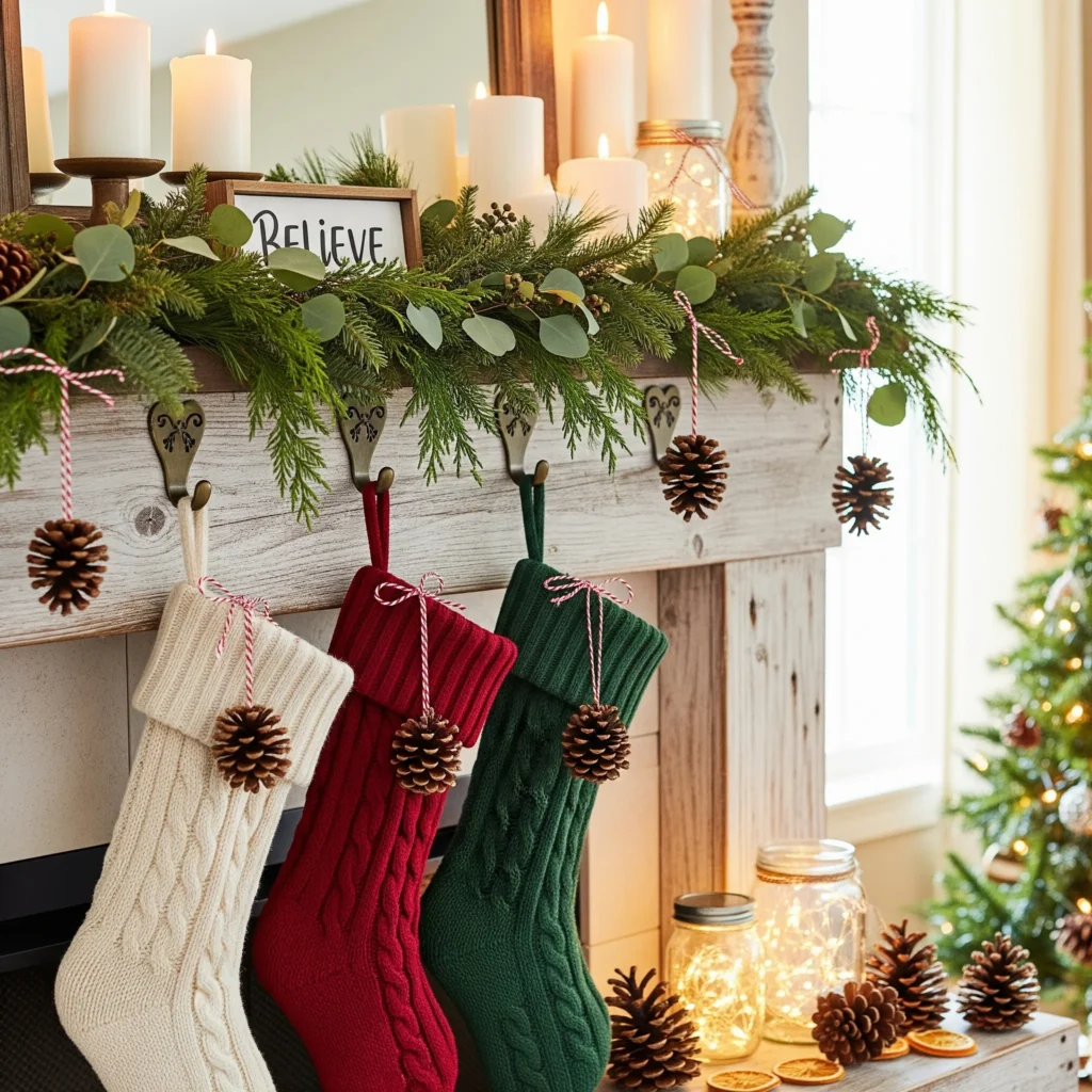 11 Rustic Christmas Mantel Ideas with Pinecones, Greenery & Lanterns cottage christmas mantel