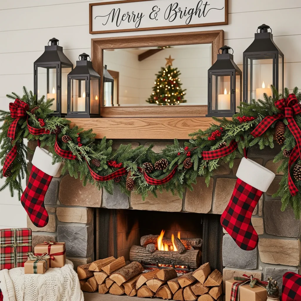 11 Rustic Christmas Mantel Ideas with Pinecones, Greenery & Lanterns cottage christmas mantel ideas