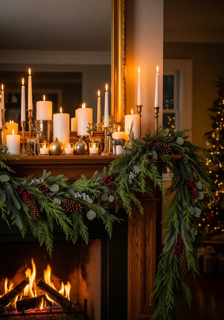 11 Elegant Christmas Mantel Decorating Ideas with Candles & Garlands glam christmas mantel