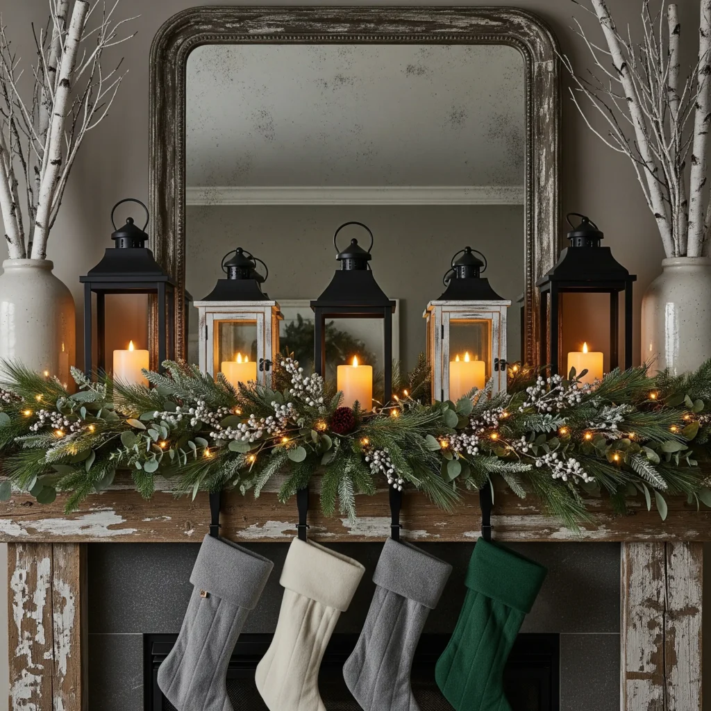 11 Rustic Christmas Mantel Ideas with Pinecones, Greenery & Lanterns lantern christmas mantel