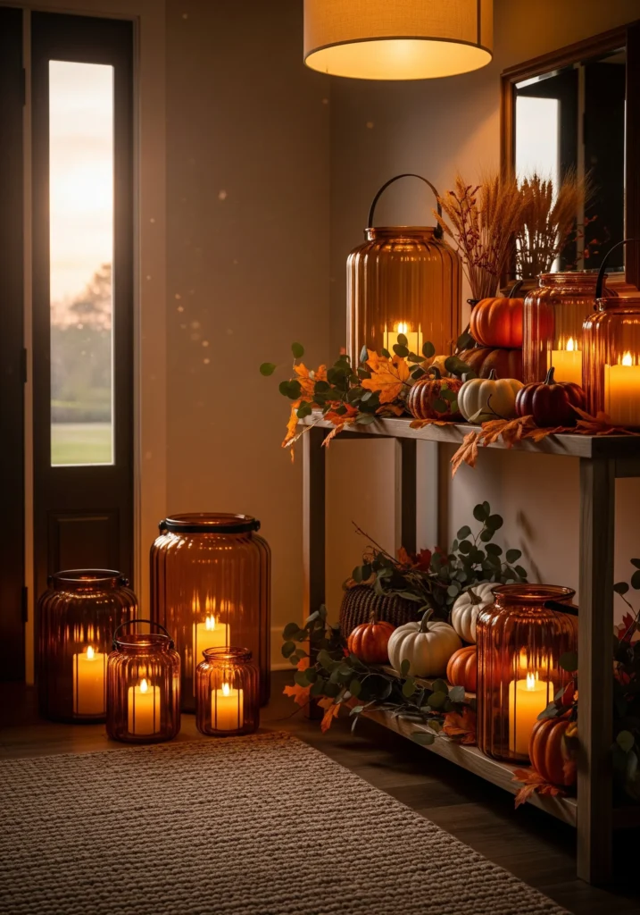 9 Fall Entryway Decor Ideas That Set the Perfect Seasonal Mood layered fall lighting ideas