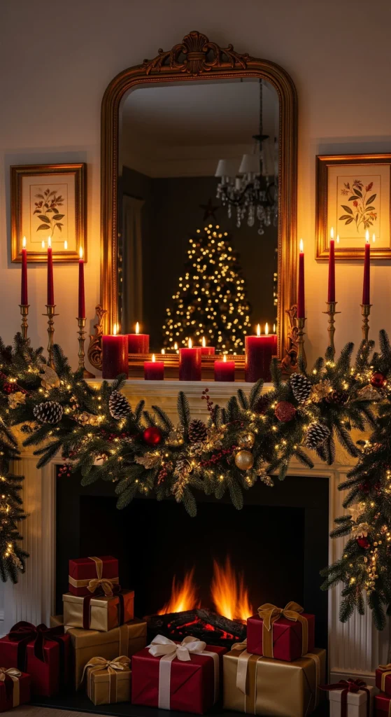11 Elegant Christmas Mantel Decorating Ideas with Candles & Garlands romantic christmas mantel