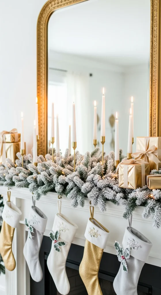 11 Elegant Christmas Mantel Decorating Ideas with Candles & Garlands silver and gold christmas mantel