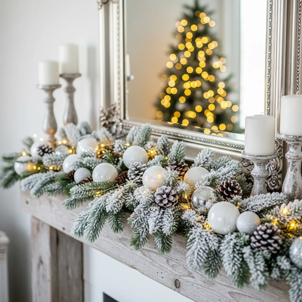 11 Rustic Christmas Mantel Ideas with Pinecones, Greenery & Lanterns snow dusted pinecones
