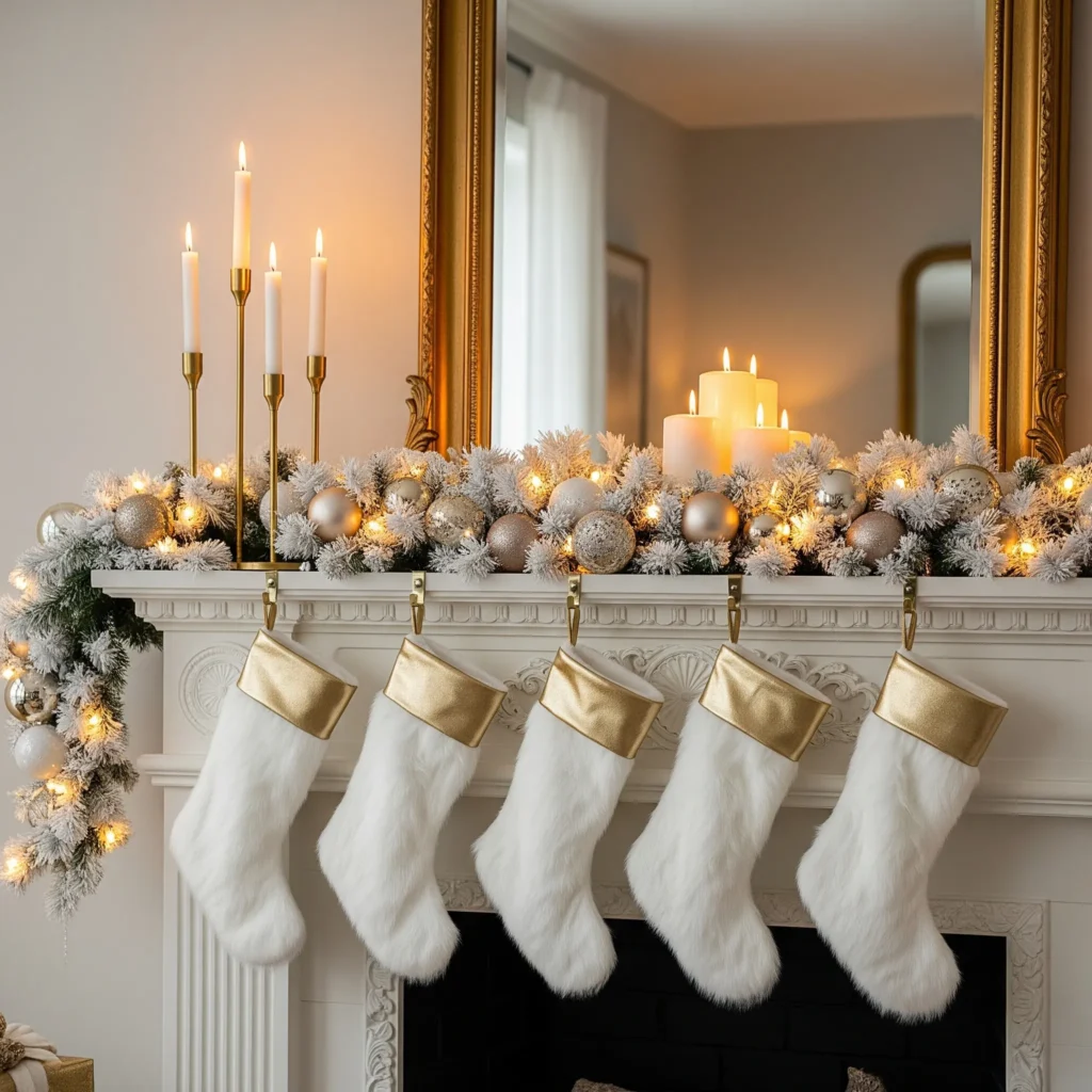 15 Classic & Cozy Christmas Mantel Ideas That’ll Make Your Living Room Feel Like a Holiday Movie white and gold christmas mantel