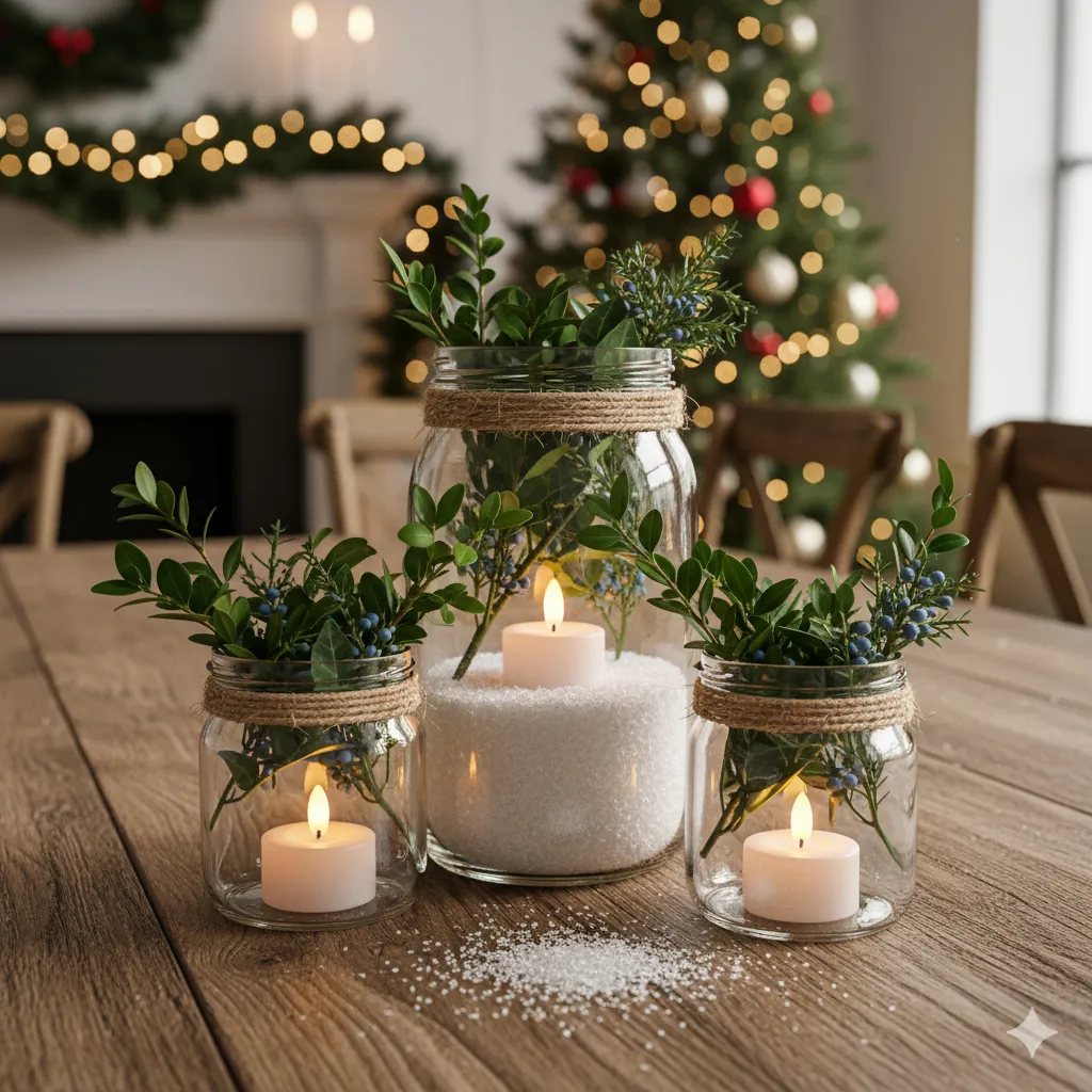 christmas centerpiece with mason jars
