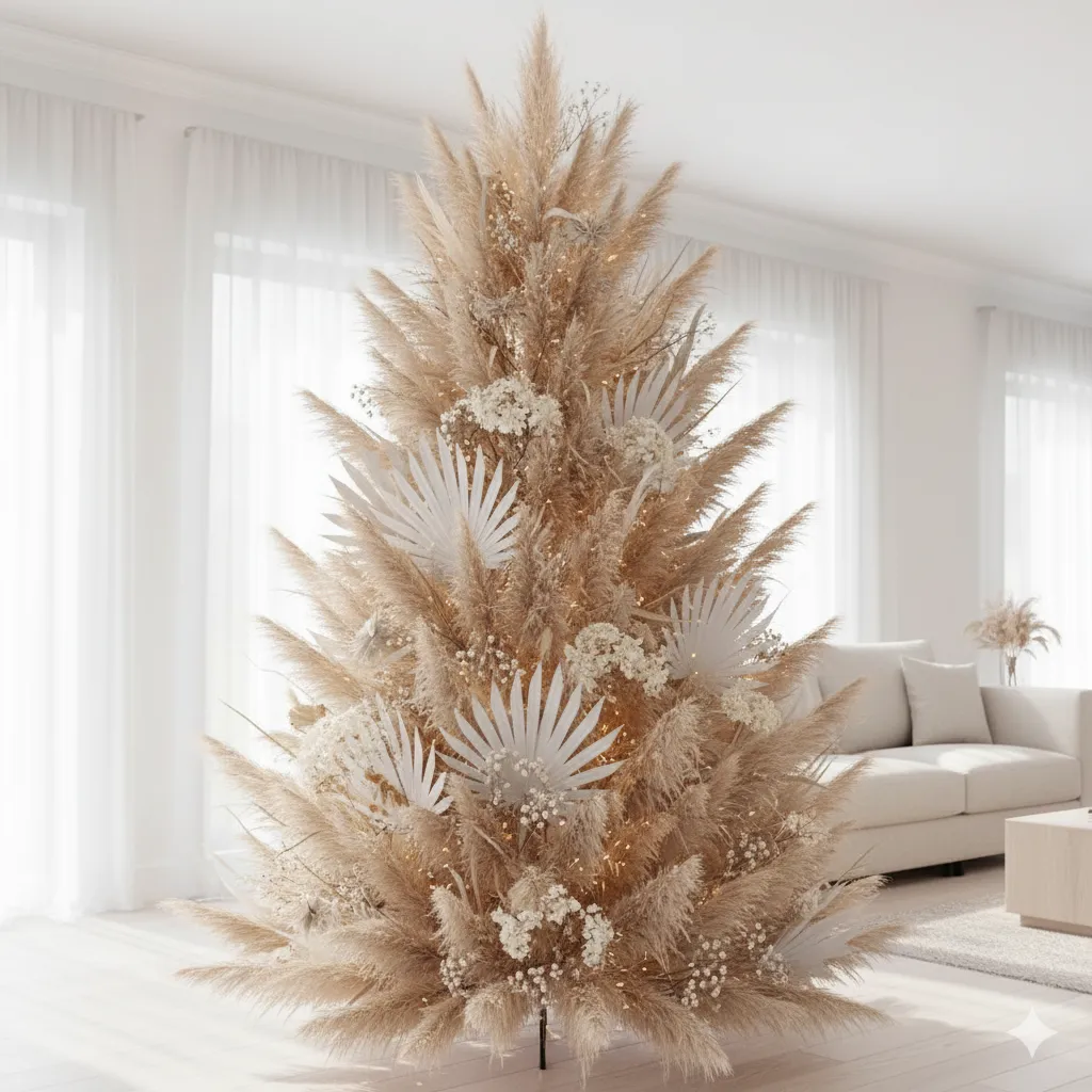 10 Boho Christmas Tree Decorating Ideas with Neutral Tones pampas grass christmas tree