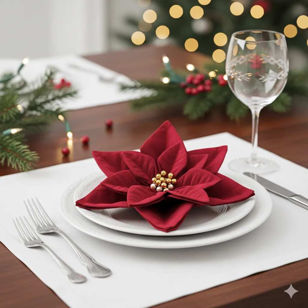 12 Genius Christmas Napkin Folding Ideas That Wow Every Guest poinsettia napkin fold