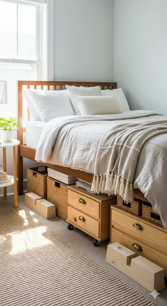 15 Small Bedroom Decor Ideas That Instantly Make Your Space Look Bigger under bed storage ideas