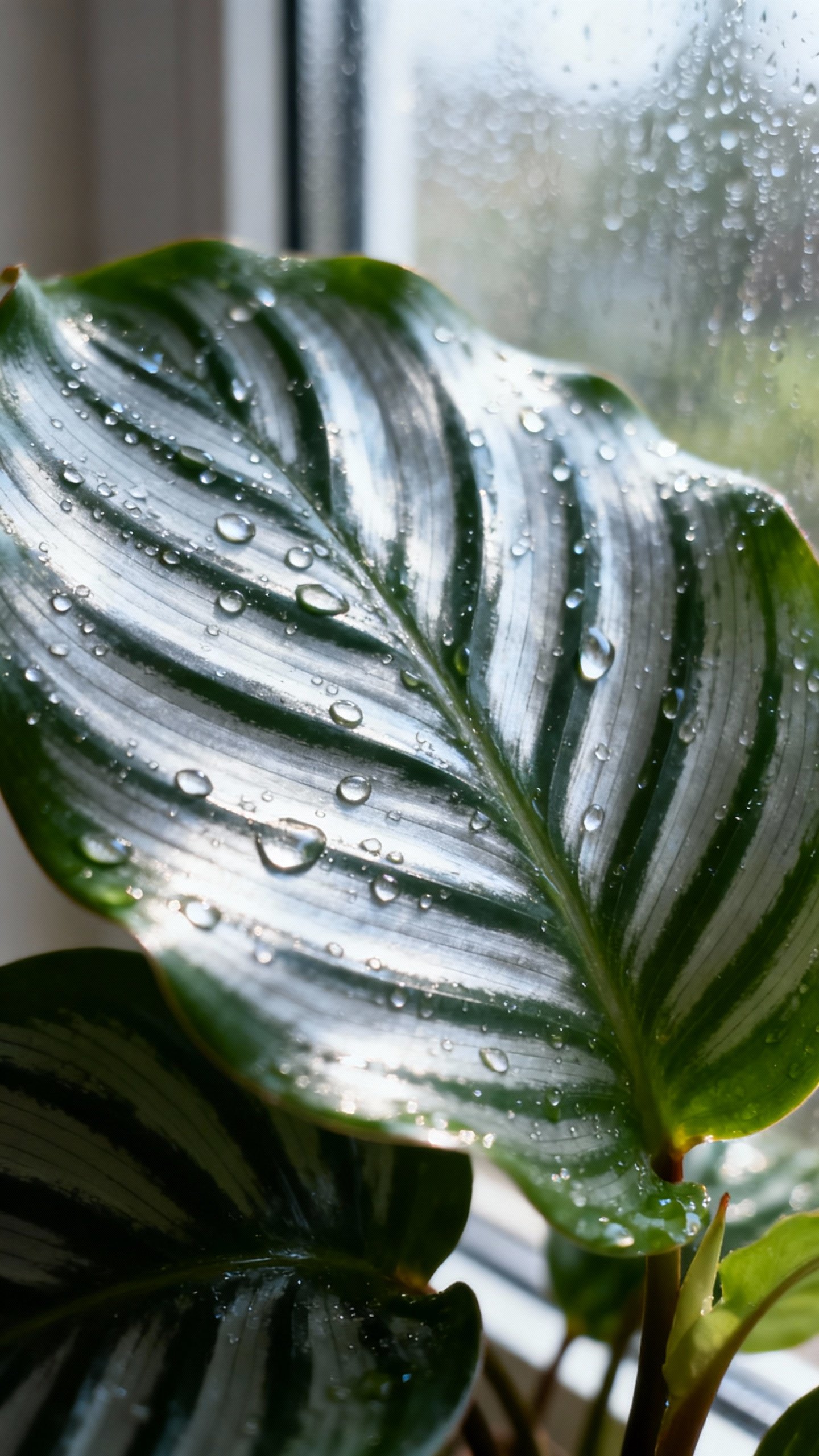 Calathea Care: Keep Its Stunning Foliage Bold & Healthy Closeup calathea orbifolia leaf, silver stripes, dewdrops, humid backlit window