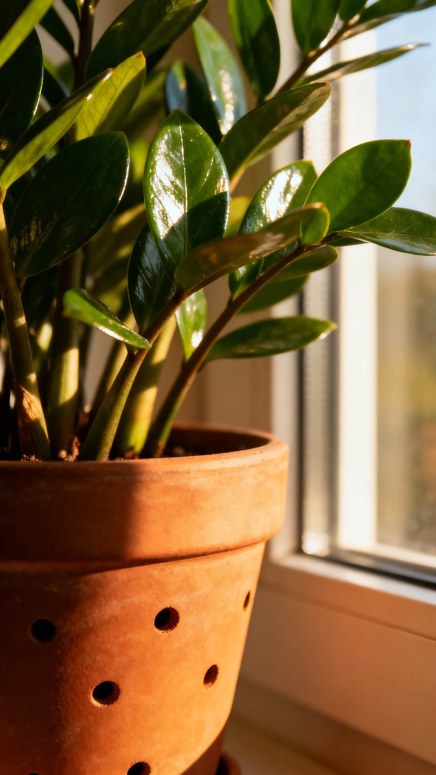Closeup glossy ZZ plant leaves, terracotta pot with drainage holes, bright indirect east window ligh