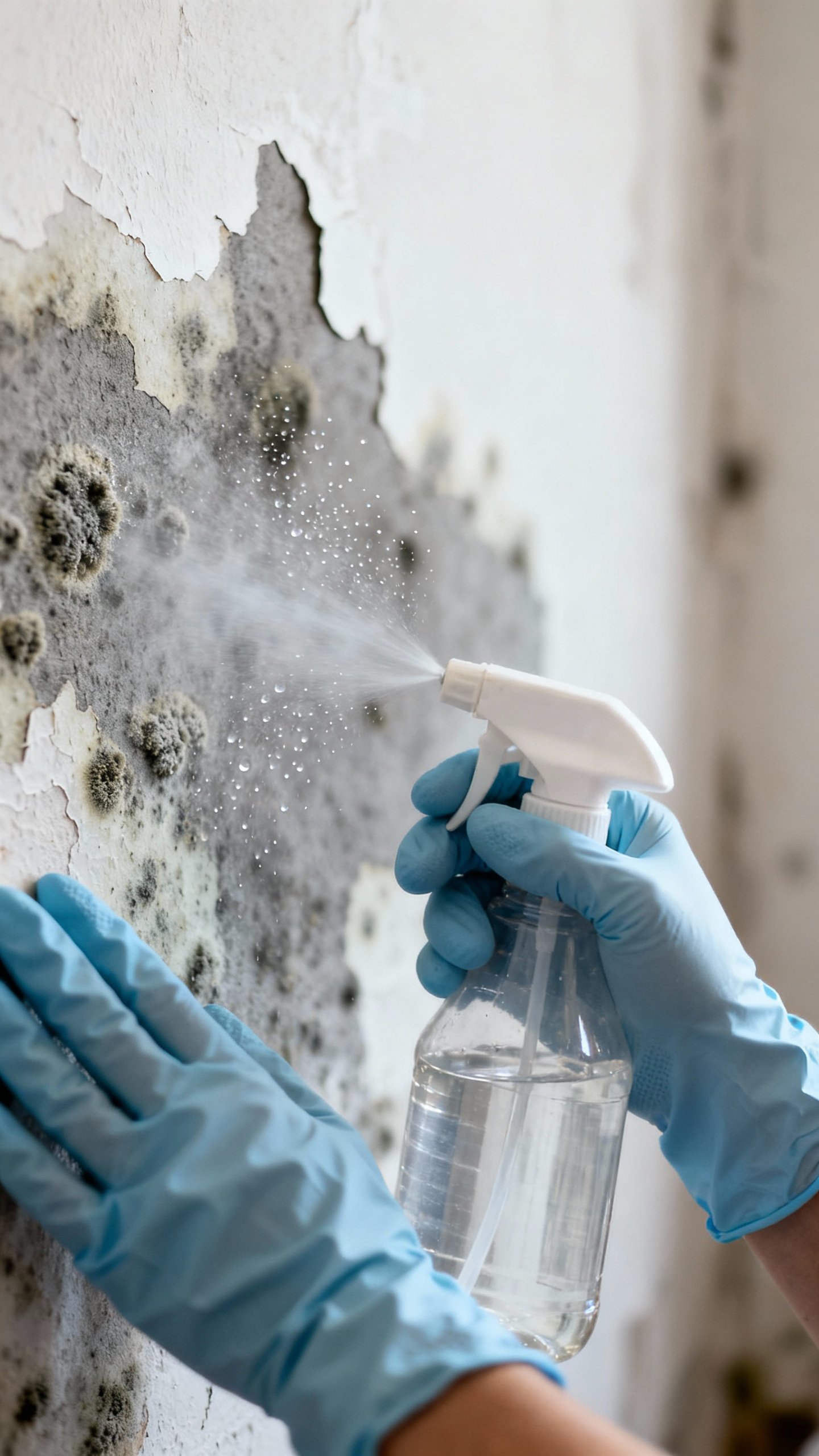 How To Remove Mold From Walls — The Easiest Way To Get Rid Of It For Good! Closeup gloved hands spraying white vinegar on moldy painted wall