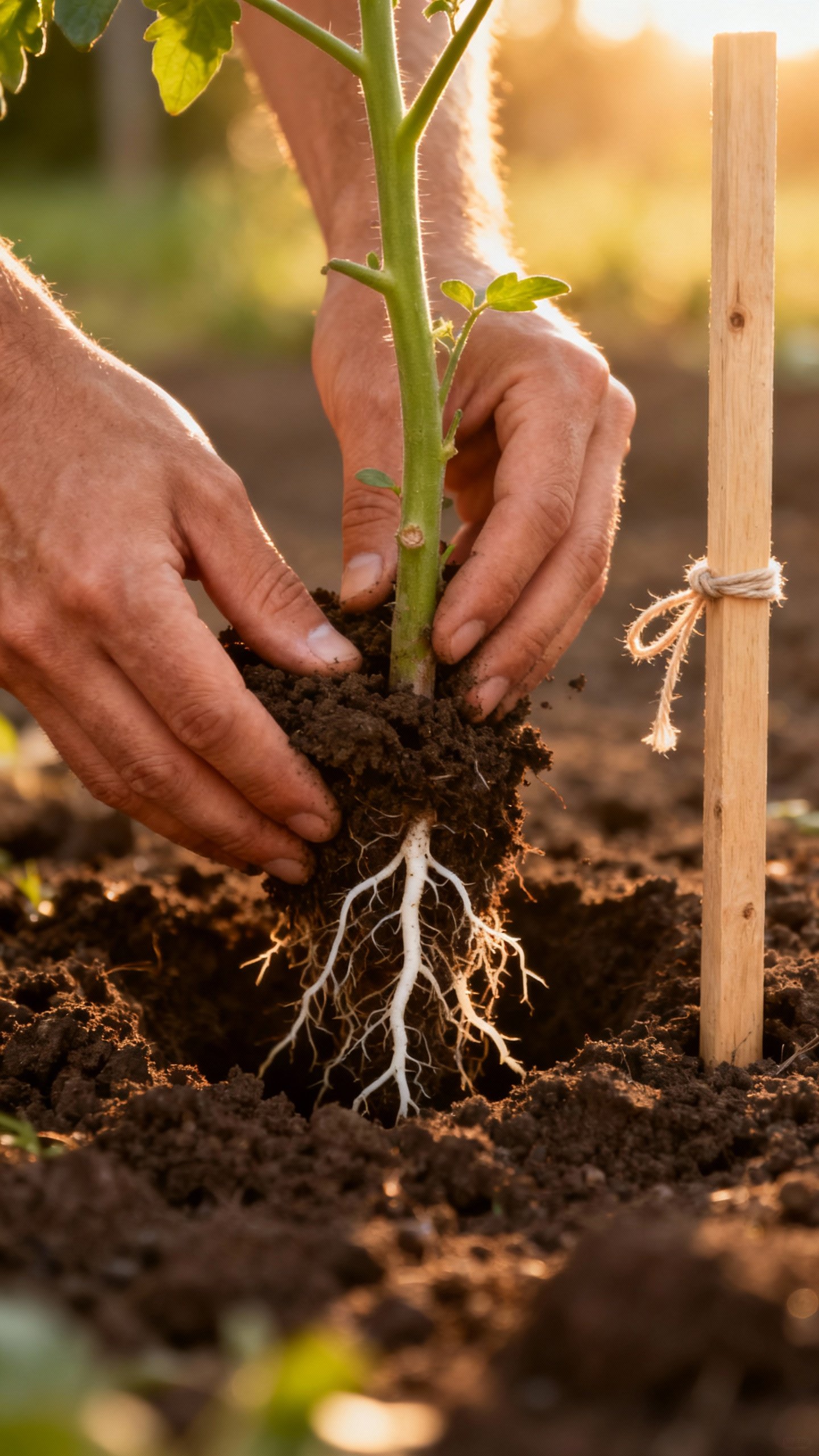 Genius Tomato Plant Care Tips For Juicy Homegrown Harvests Closeup hands burying tomato stem two-thirds deep, rich loamy soil, visible roots, soft tie and tall