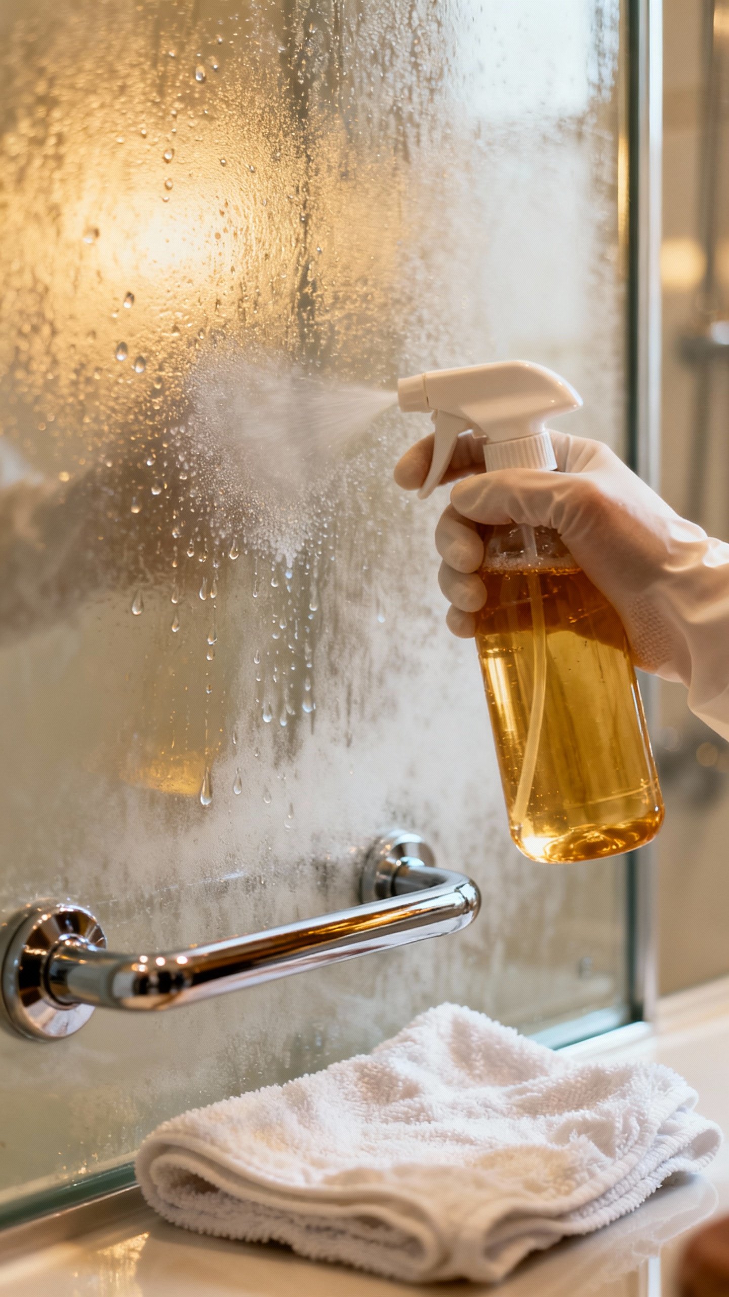 Closeup hands in rubber gloves spraying warm vinegar on foggy glass shower door, microfiber cloth ne