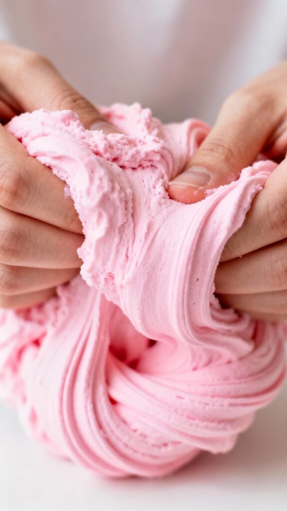 Closeup hands kneading fluffy pink slime, shaving cream texture