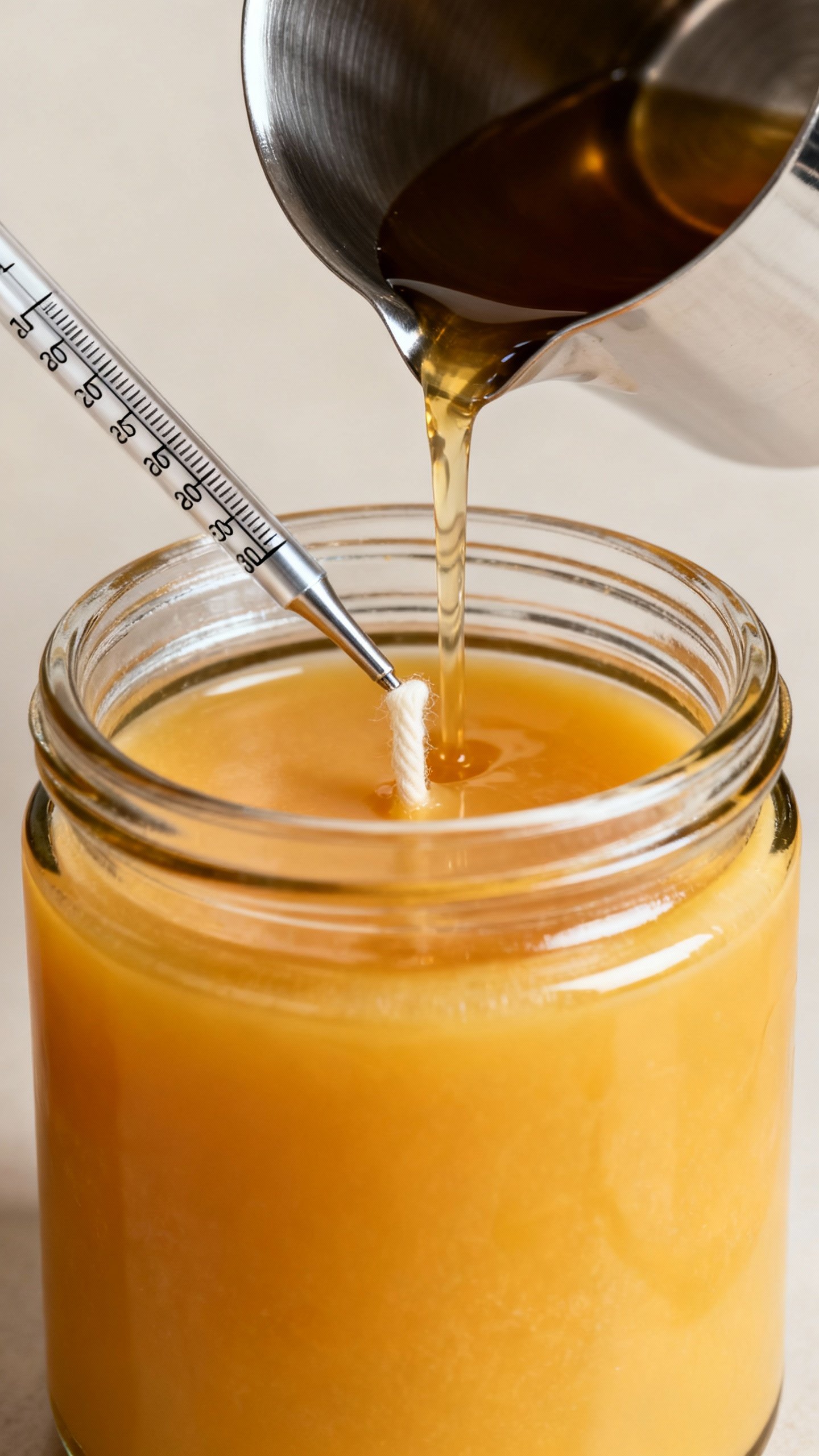 Closeup hands pouring molten soy wax into glass jar, centered cotton wick, thermometer nearby, stain