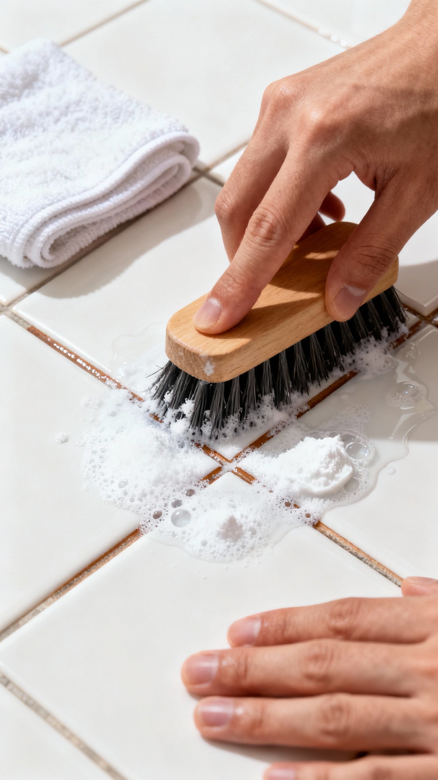 How To Clean Grout — No Harsh Chemicals Needed! Closeup hands scrubbing grout lines with stiff nylon brush, baking soda paste fizzing with vinegar,
