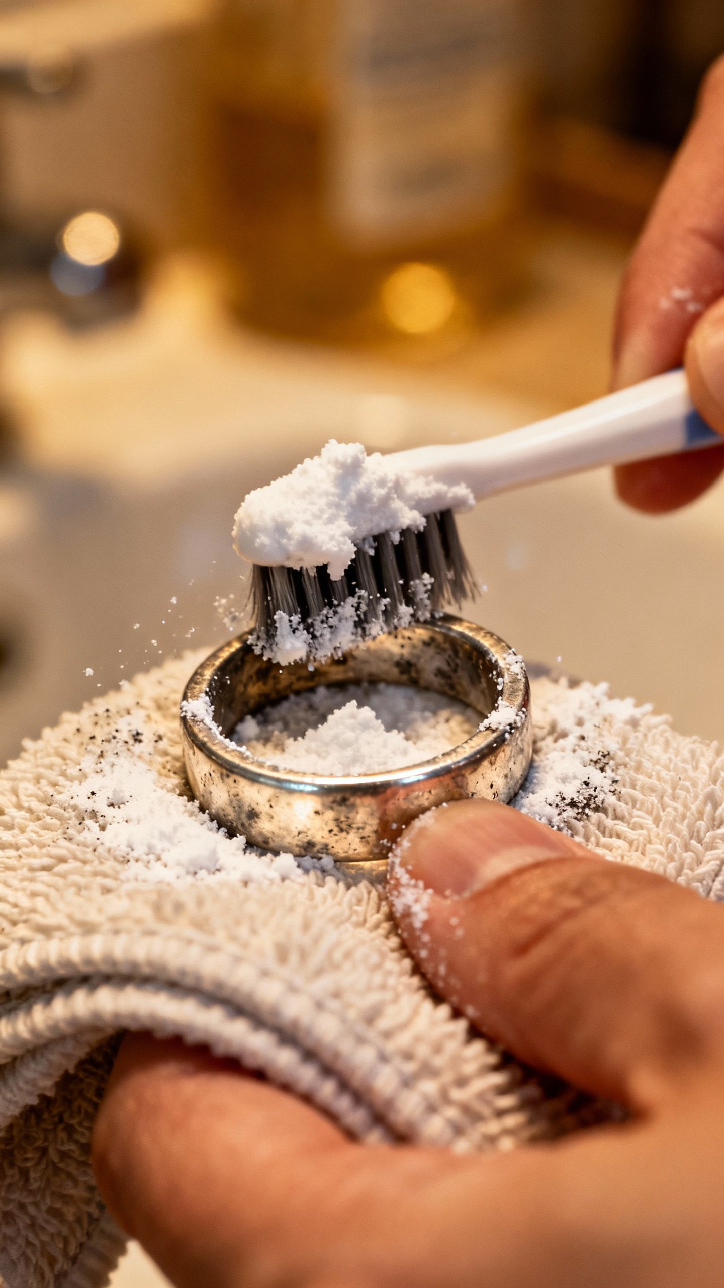 Closeup hands scrubbing tarnished silver ring with baking soda paste, soft toothbrush, microfiber cl