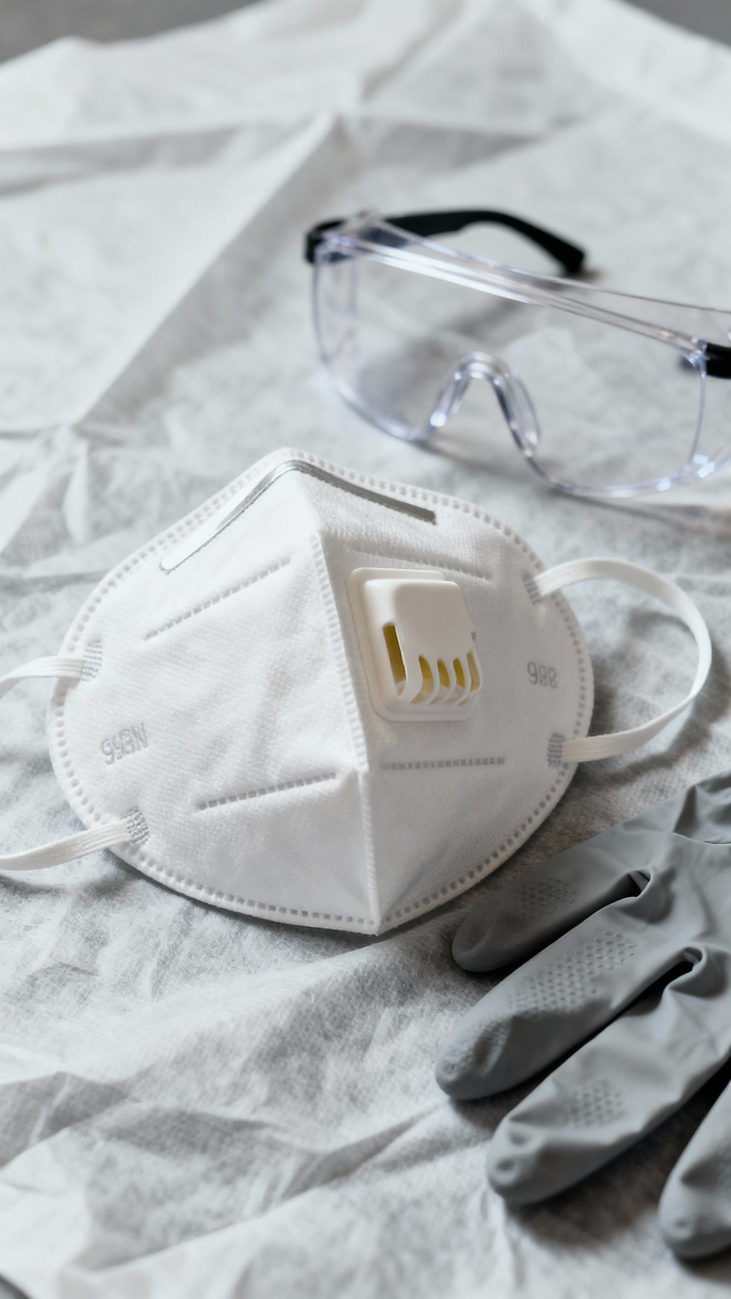 How To Remove Mold From Walls — The Easiest Way To Get Rid Of It For Good! Closeup N95 mask, safety glasses, and rubber gloves on drop cloth