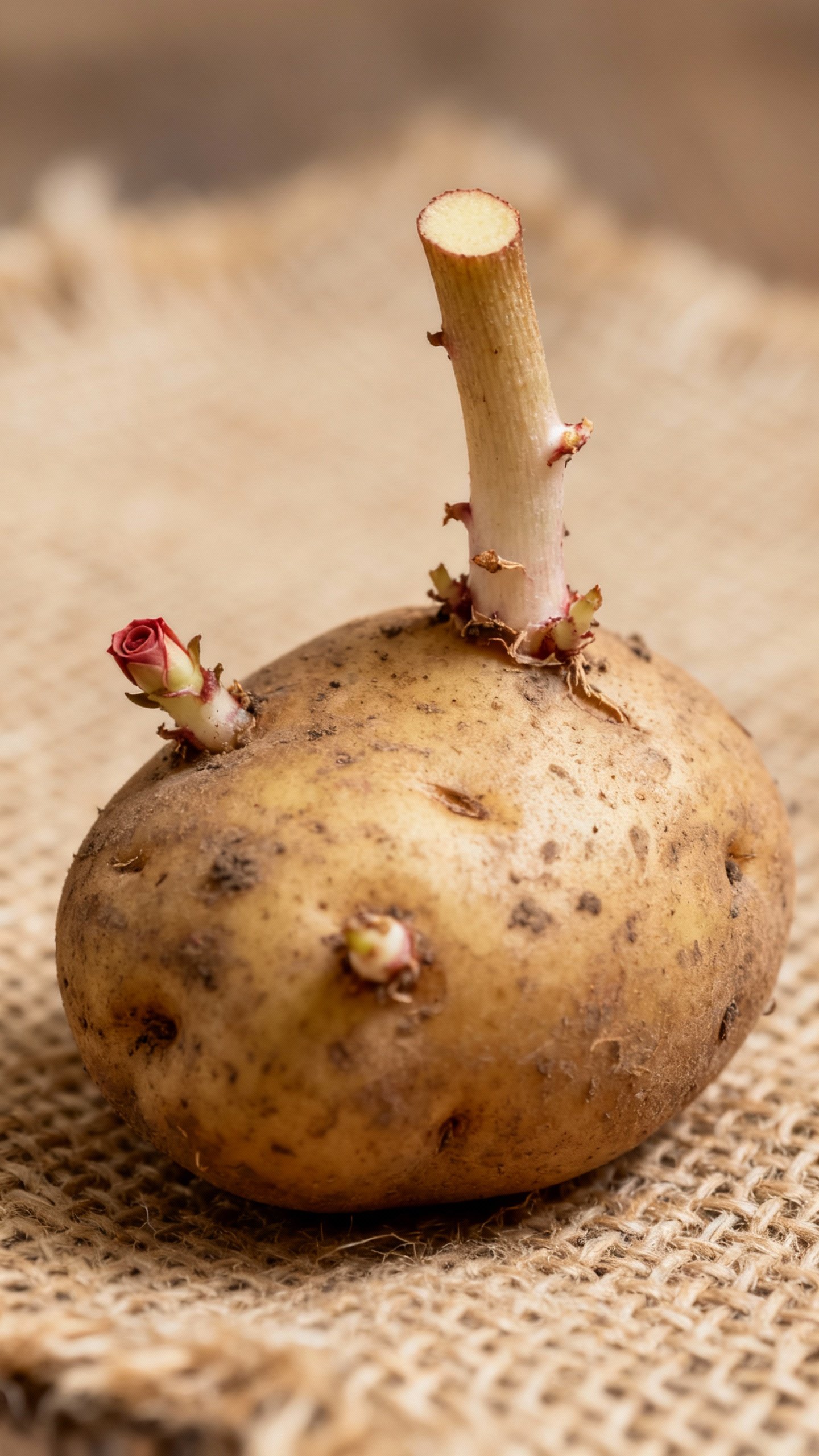 Closeup of chitted seed potato, stout 1-inch sprouts, rose end up, on burlap
