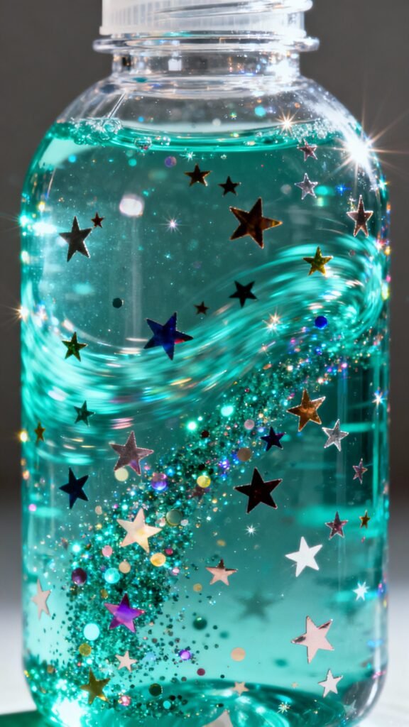 Closeup of clear plastic bottle swirling glitter, sequins, star confetti, teal-tinted water