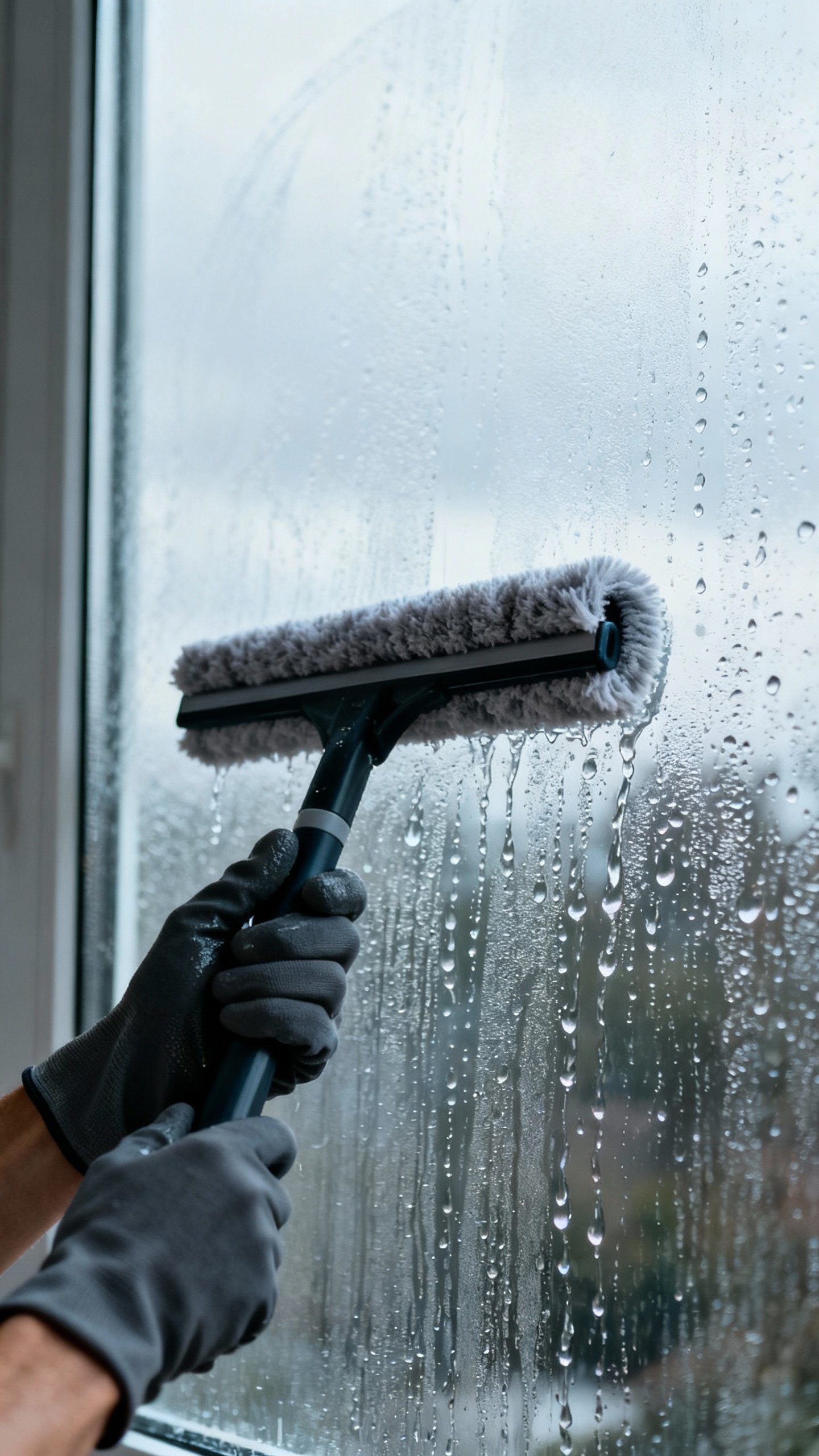 How To Clean Windows Without Streaks — The Secret Hack You’ll Love Closeup of gloved hands pulling squeegee downward on wet window, water beading, microfiber wiping bl