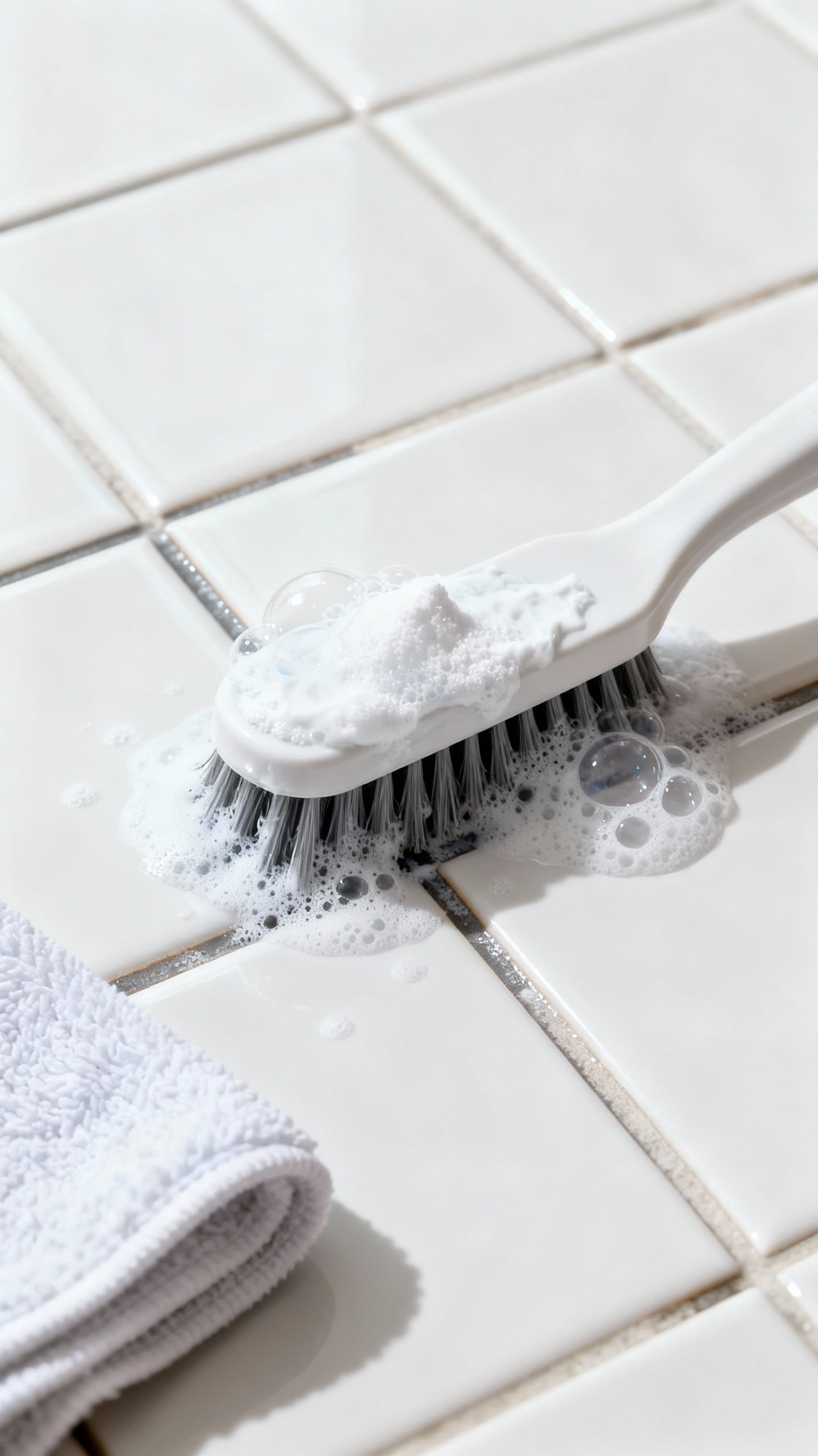 Closeup of grout brush scrubbing baking soda paste, white ceramic tiles, fizzing hydrogen peroxide b
