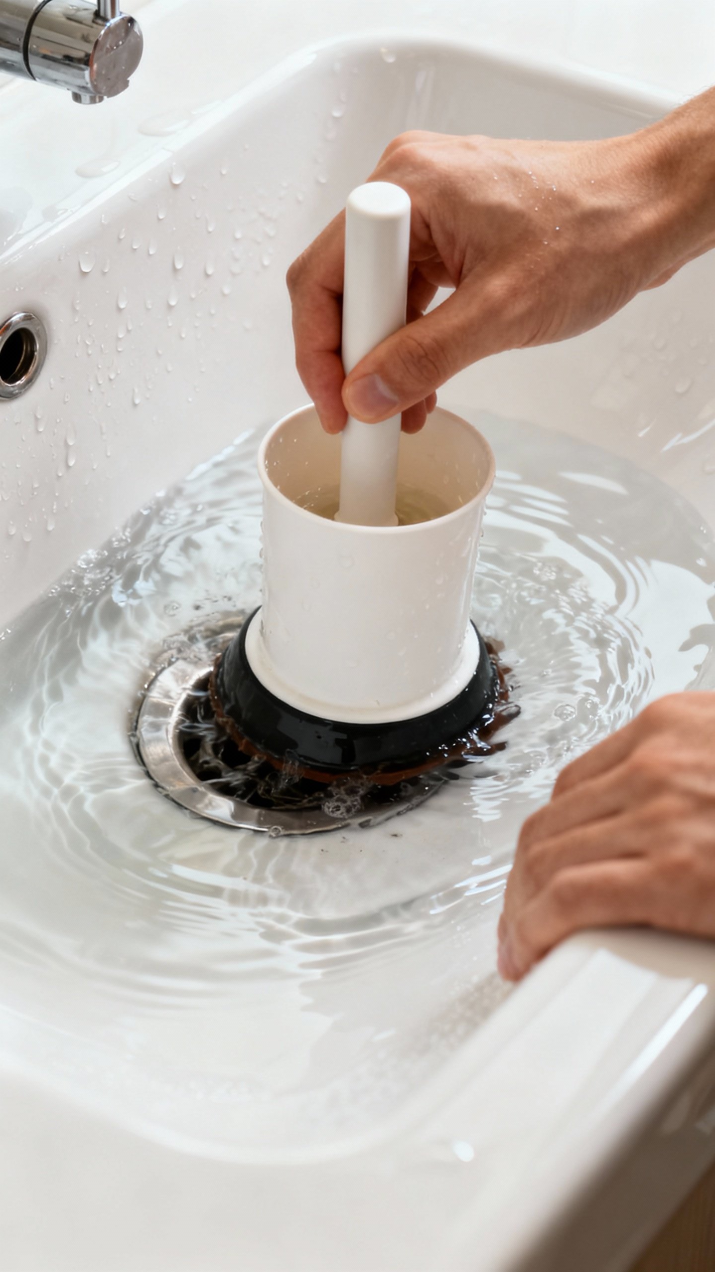 How To Unclog A Sink Fast — No Plumber Needed! Closeup of hands plunging bathroom sink, cup plunger, blocked overflow, glossy white porcelain, wate