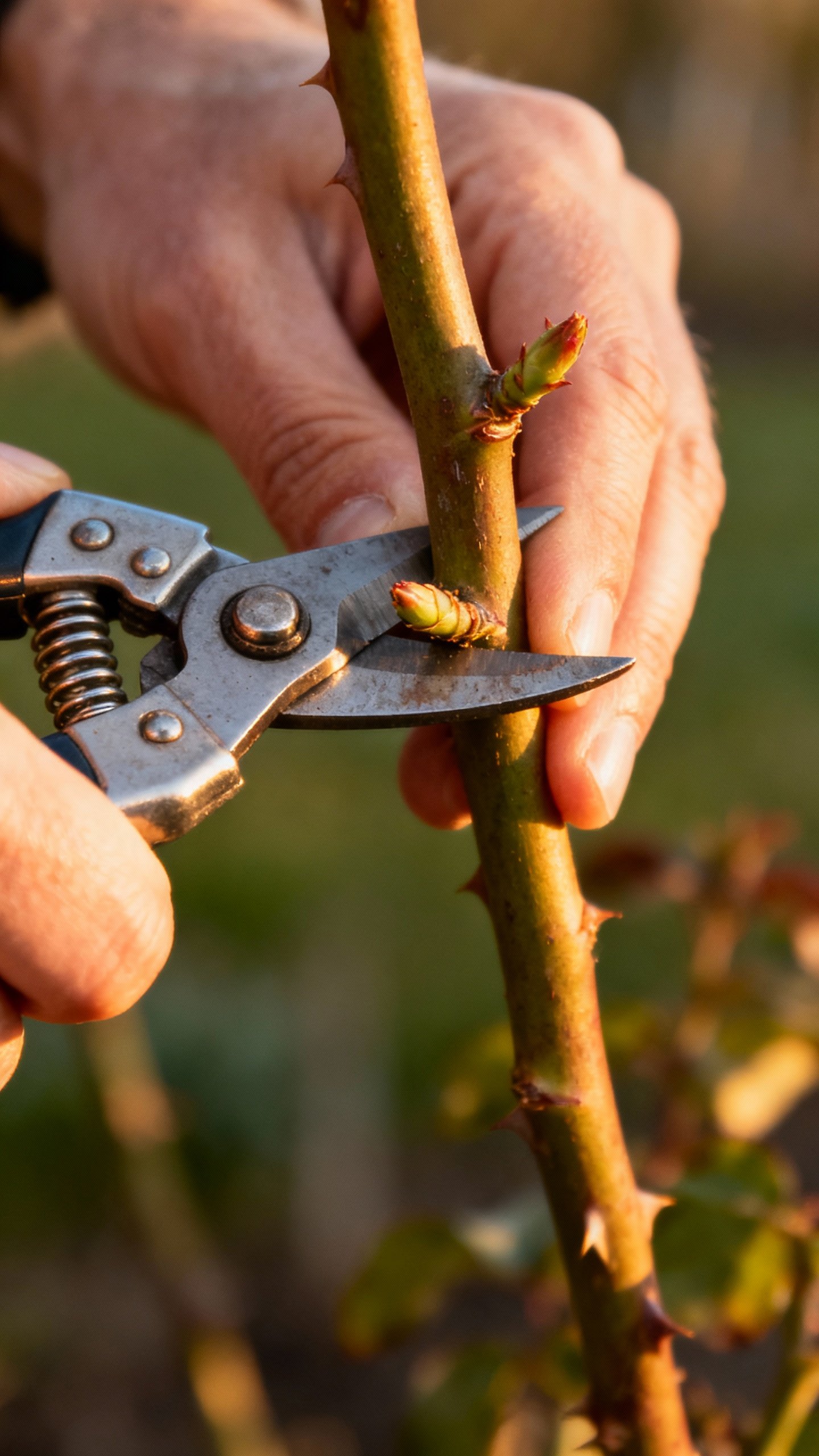 Closeup of hands pruning rose cane, sharp shears, outward-facing bud, morning light