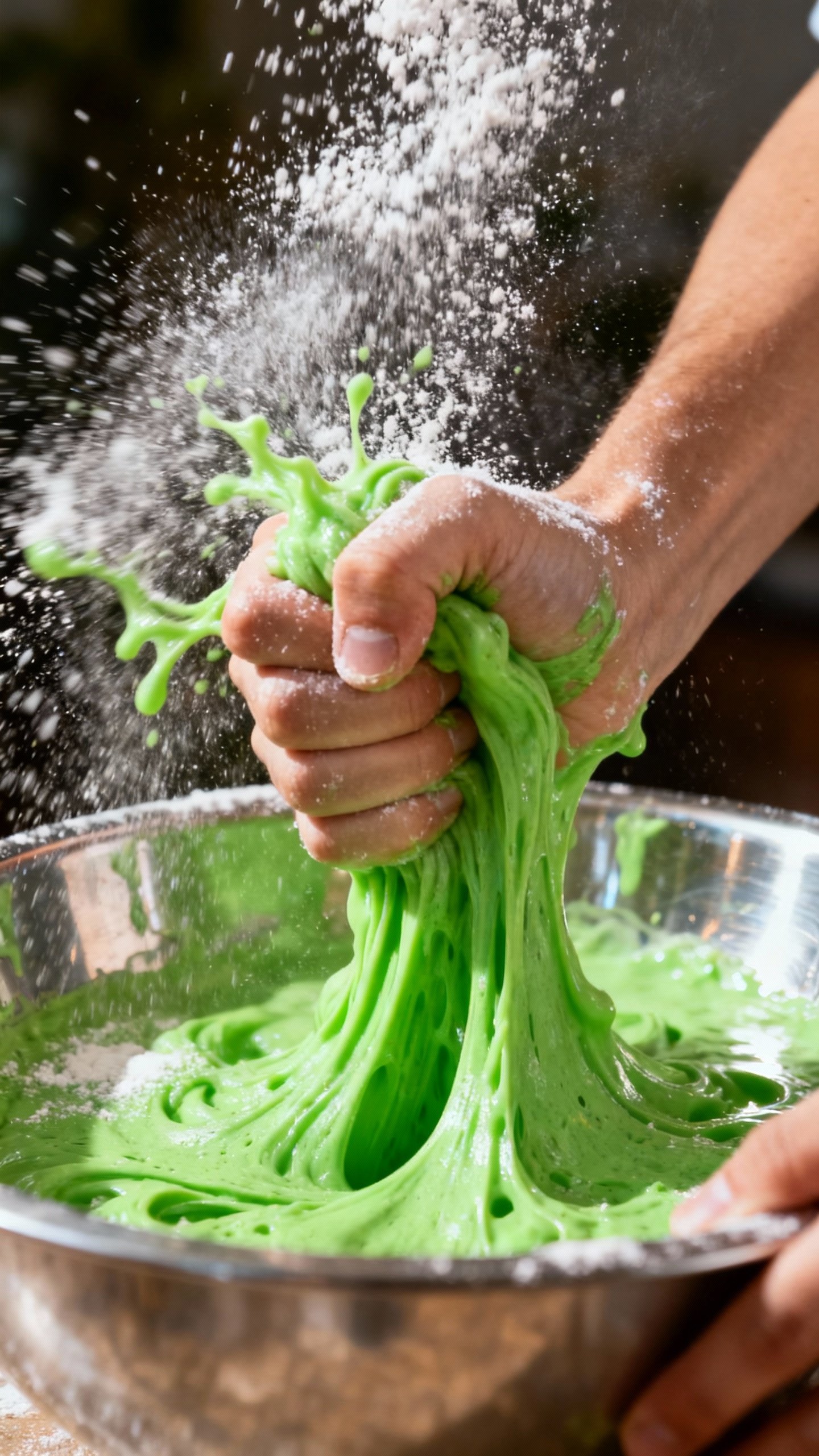 Oobleck Recipe: The Easiest Way To Make This Fun Non-Newtonian Goo Closeup of hands punching bright green oobleck in metal bowl, cornstarch dust, goo splashing