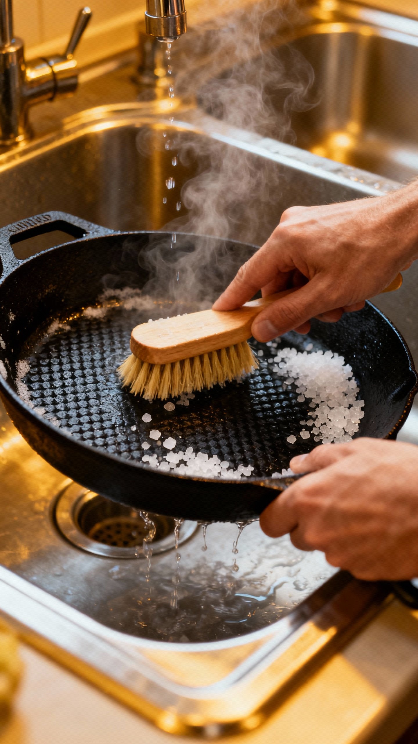 Closeup of hands scrubbing cast iron skillet with coarse salt, nylon brush, hot water steam, black t