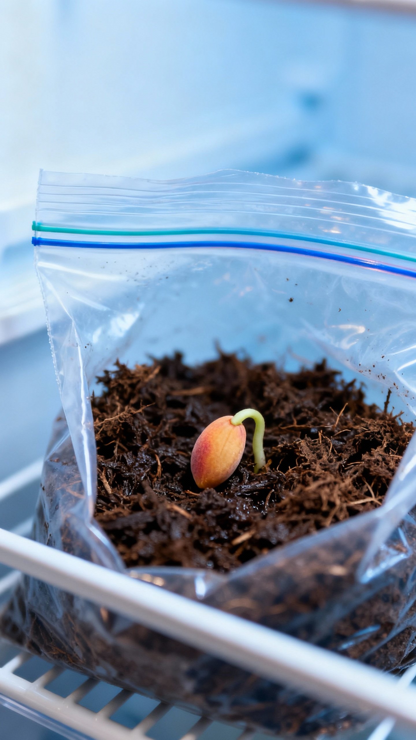 How To Grow A Peach Tree From A Pit — Turn One Fruit Into A Beautiful Backyard Tree Closeup of labeled zip-top bag with damp peat moss and sprouted peach seed in refrigerator drawer