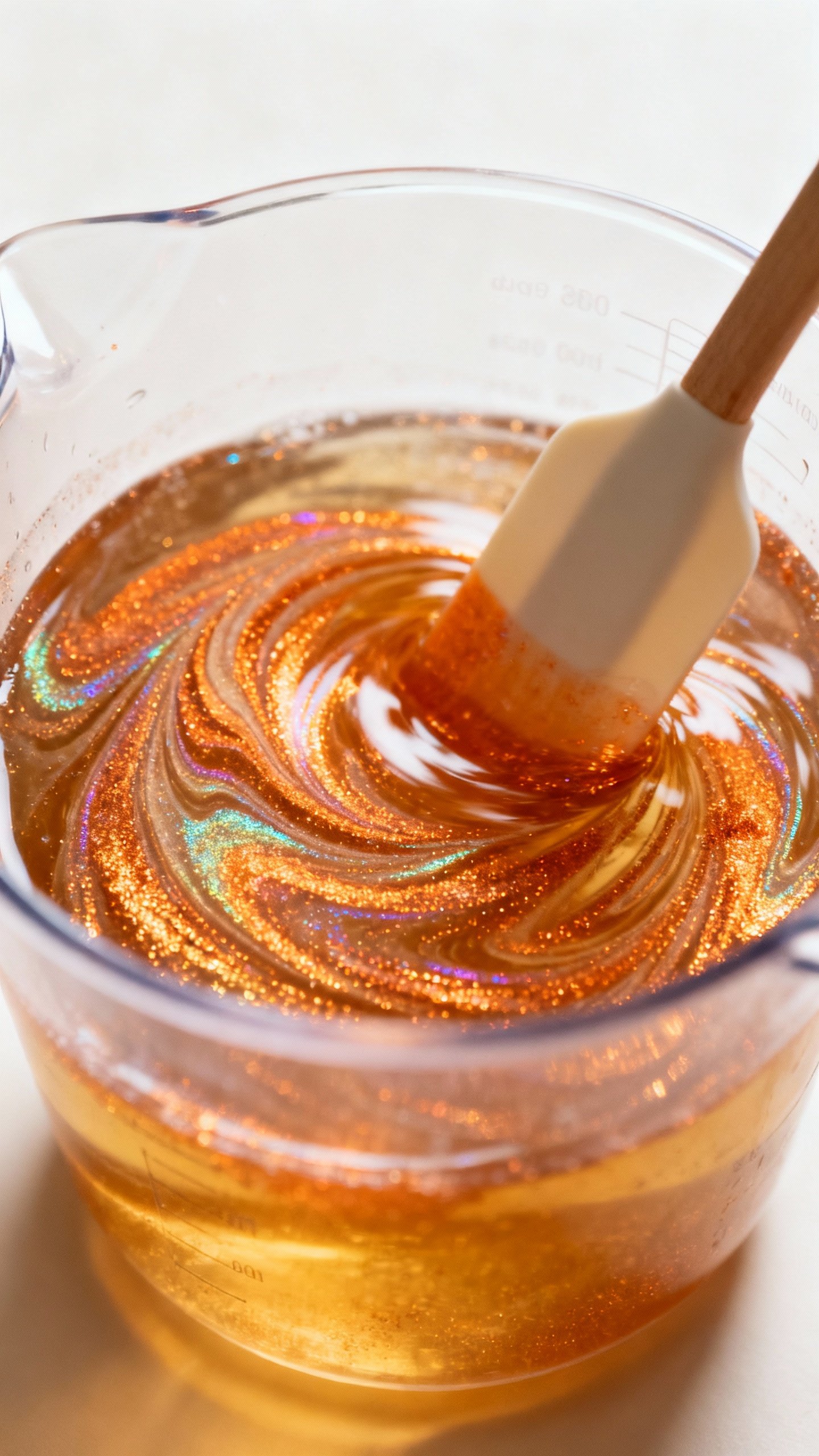 How To Make Soap At Home — Easy Melt & Pour Recipe For Beginners Closeup of melted clear glycerin soap base in microwave-safe jug, shimmering orange mica swirls, spa