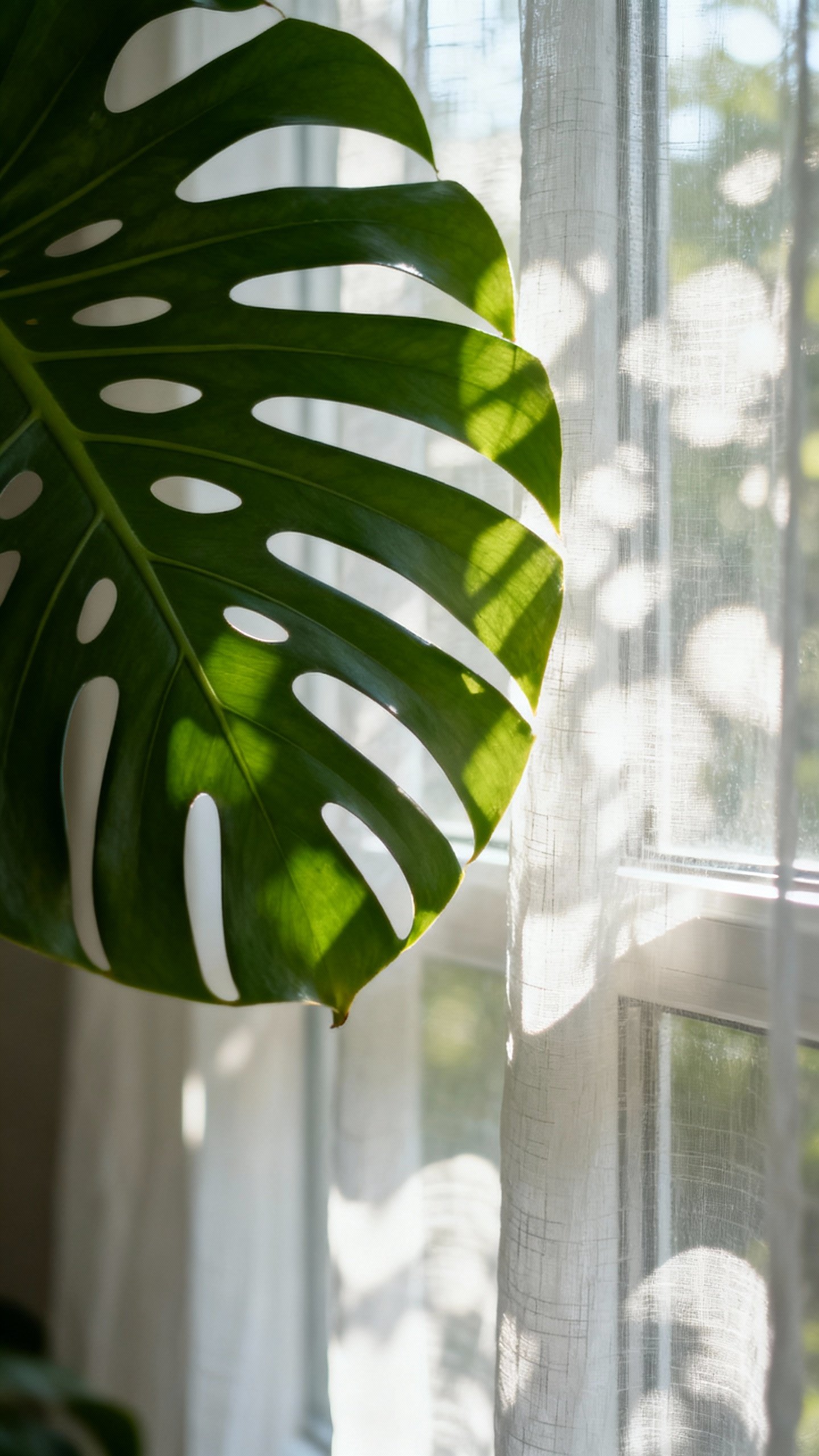 Closeup of monstera leaf fenestrations beside sheer-curtained east window, dappled light