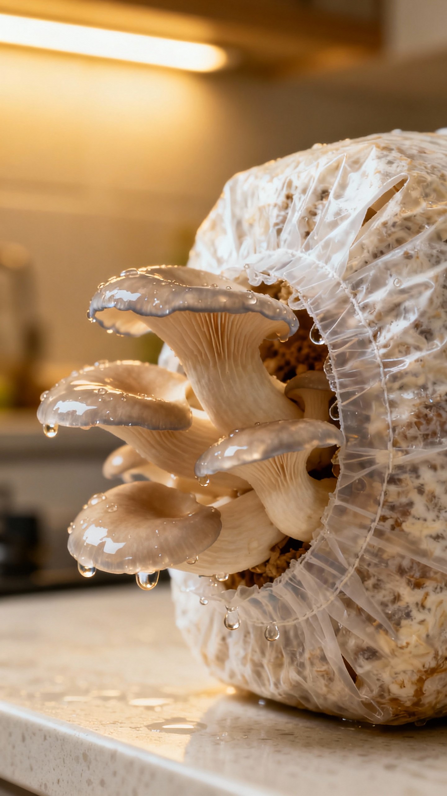 How To Grow Mushrooms From Mushrooms — The Simple Indoor Trick Gardeners Swear By Closeup of oyster mushrooms bursting from X-slit bag, dewy moisture, bright indirect kitchen light
