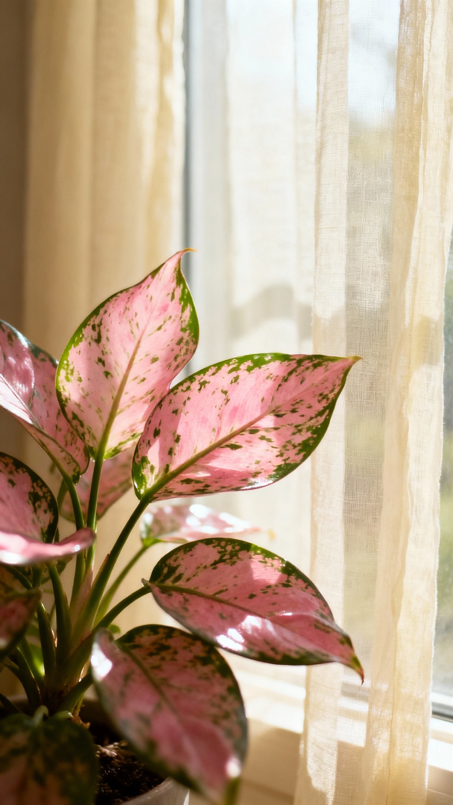 Aglaonema Care: Tips For Gorgeous Colorful Leaves Closeup of pink variegated Aglaonema leaves near sheer-curtained east window