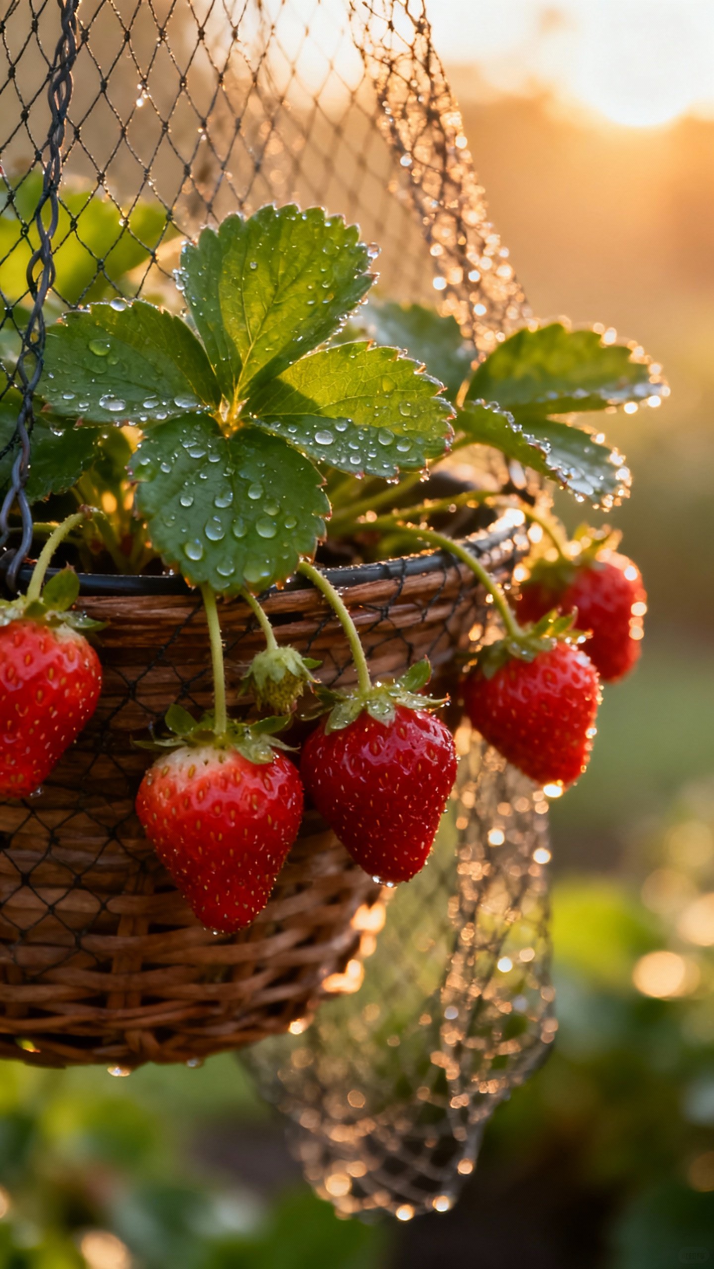 How To Grow Strawberries From a Strawberry or Seed Closeup of ripe strawberries in hanging basket, morning sunlight, bird netting draped, green leaves