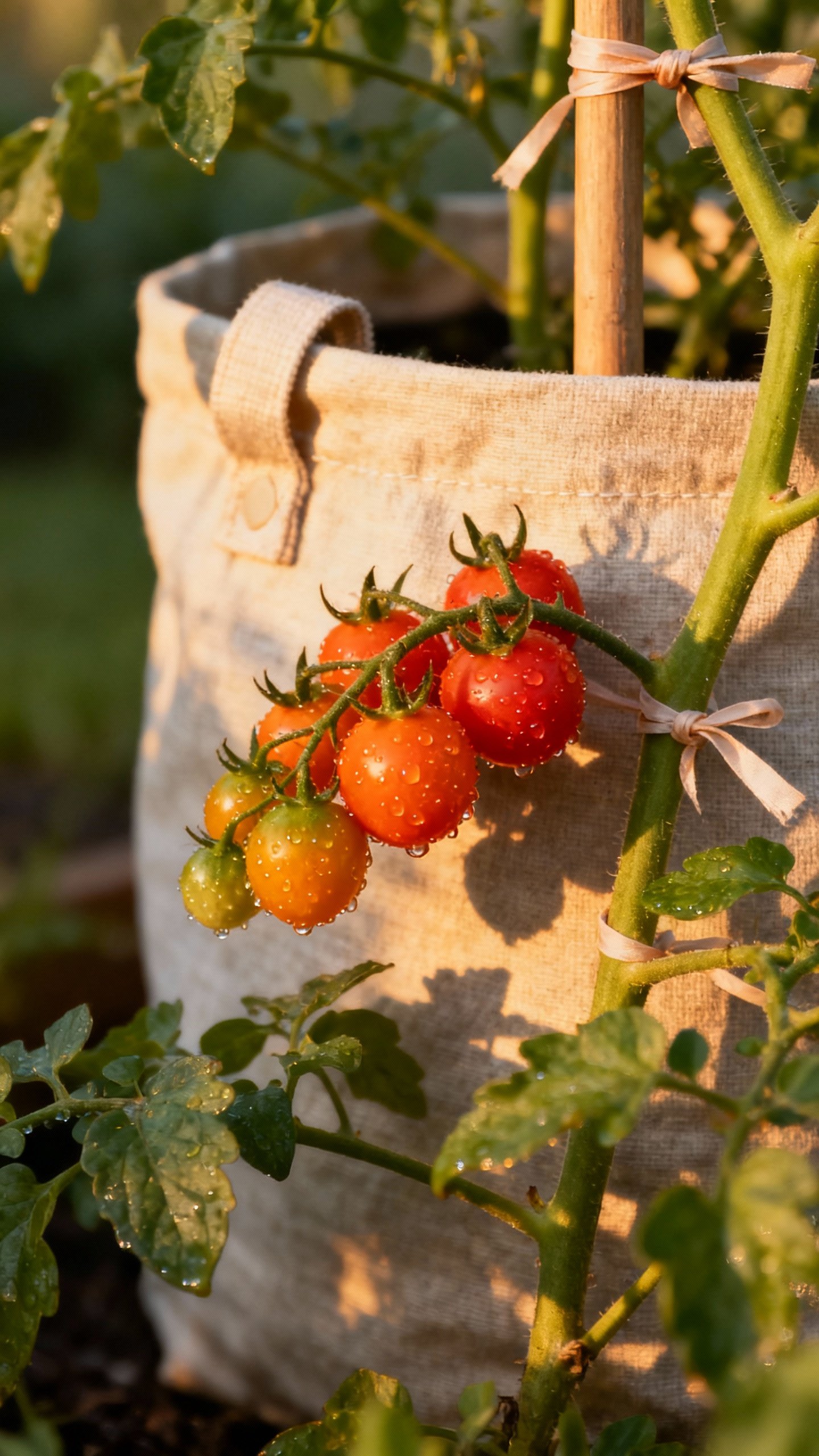 Closeup of ‘Sun Gold’ cherry tomatoes on vine, morning dew, fabric grow bag, soft ties on tall s