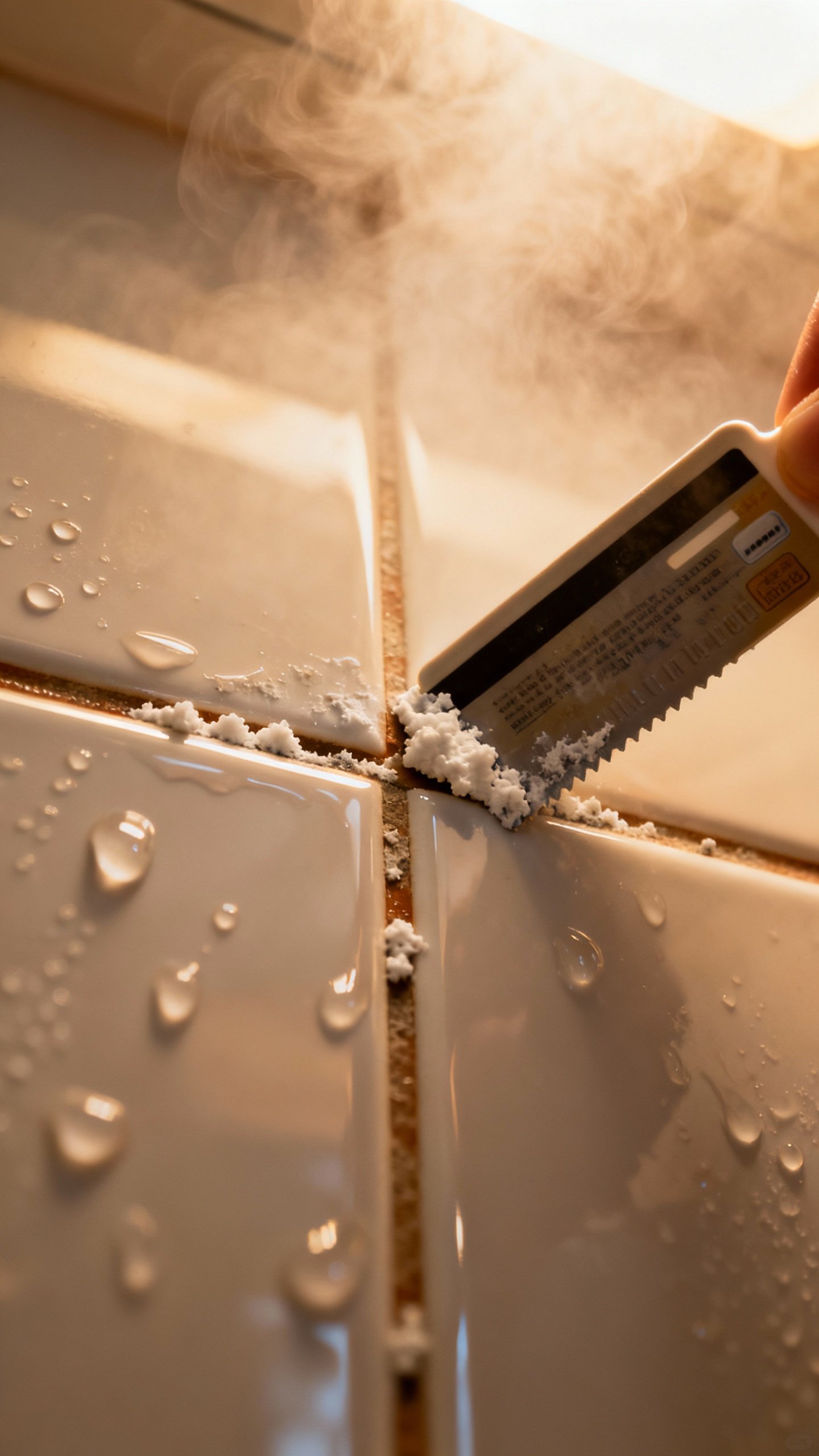 How To Clean Grout — No Harsh Chemicals Needed! Closeup plastic credit card scraping crusty white mineral deposits from shower grout, droplets on gl