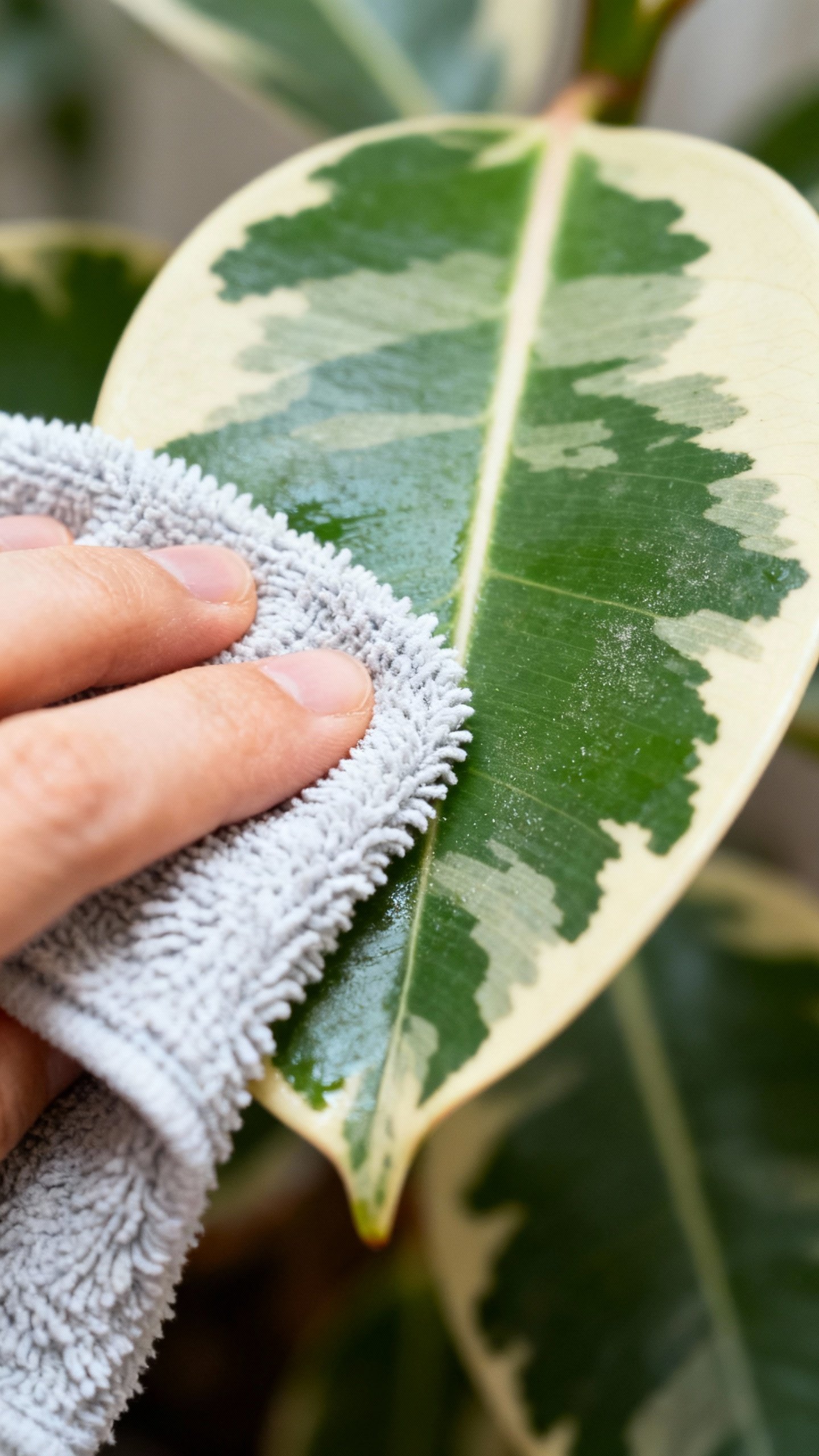 Must-try Ficus Altissima Care Tips For Towering Indoor Beauty Closeup variegated Ficus altissima leaf, microfiber cloth wiping dust