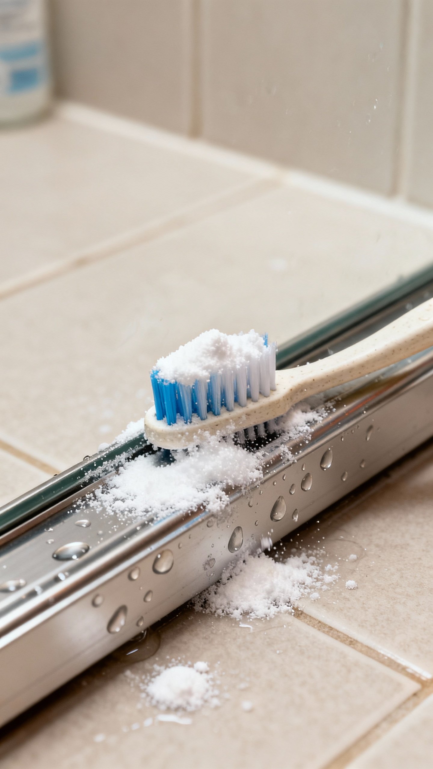 Detail shot of shower door track fizzing with baking soda and vinegar, old toothbrush scrubbing, wat