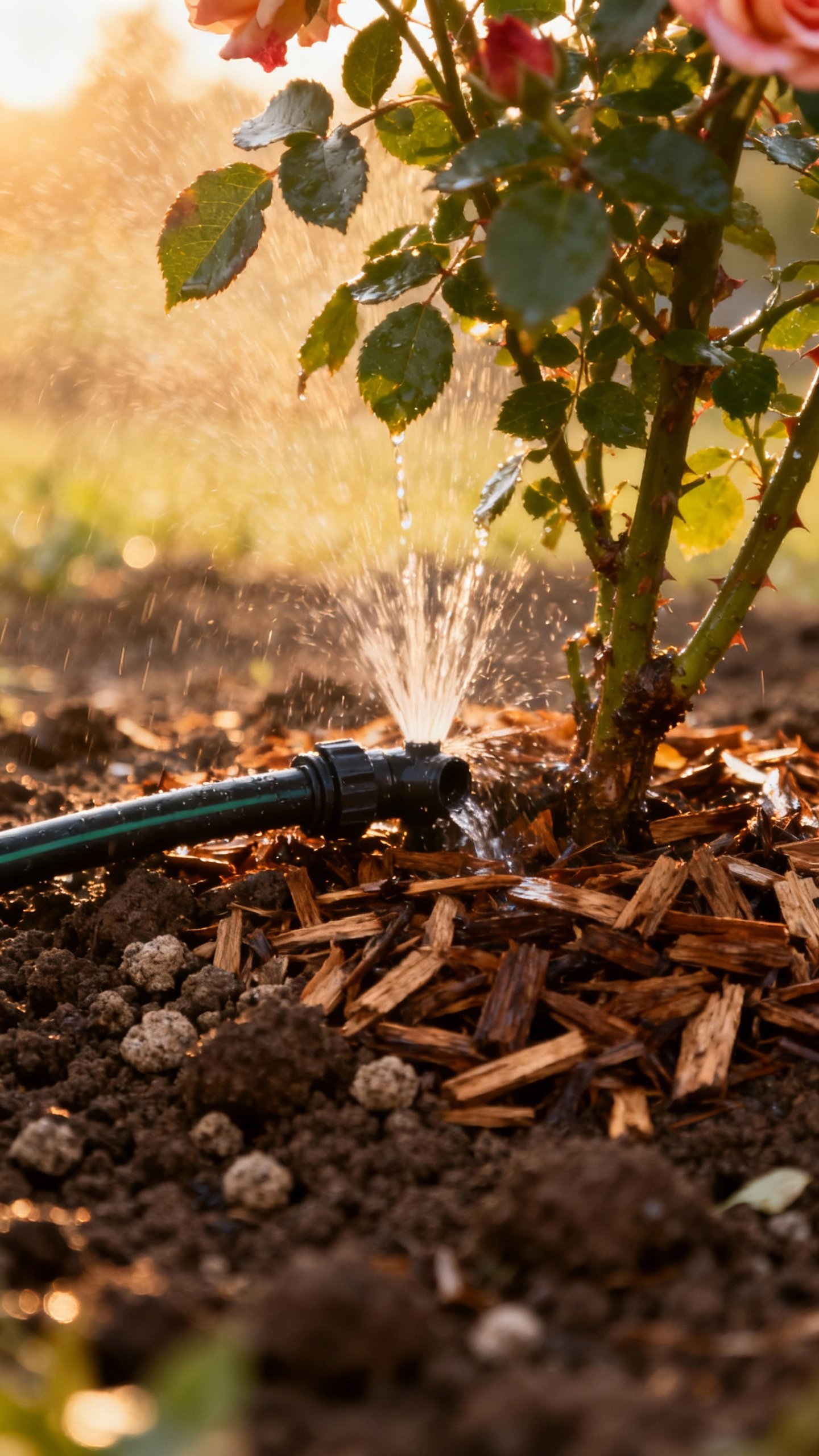 Drip hose watering mulched rose base, loamy soil texture, early morning sun