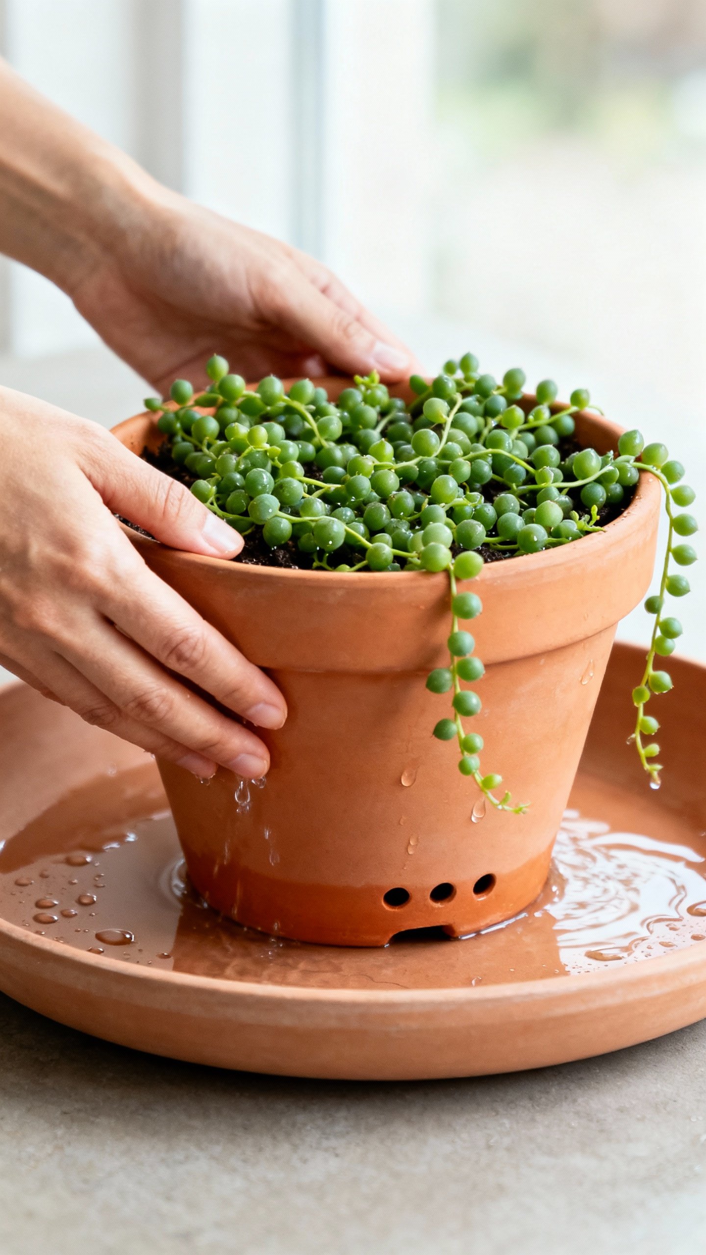 Hands bottom-watering String of Pearls pot in tray, shallow wide planter, visible drainage holes