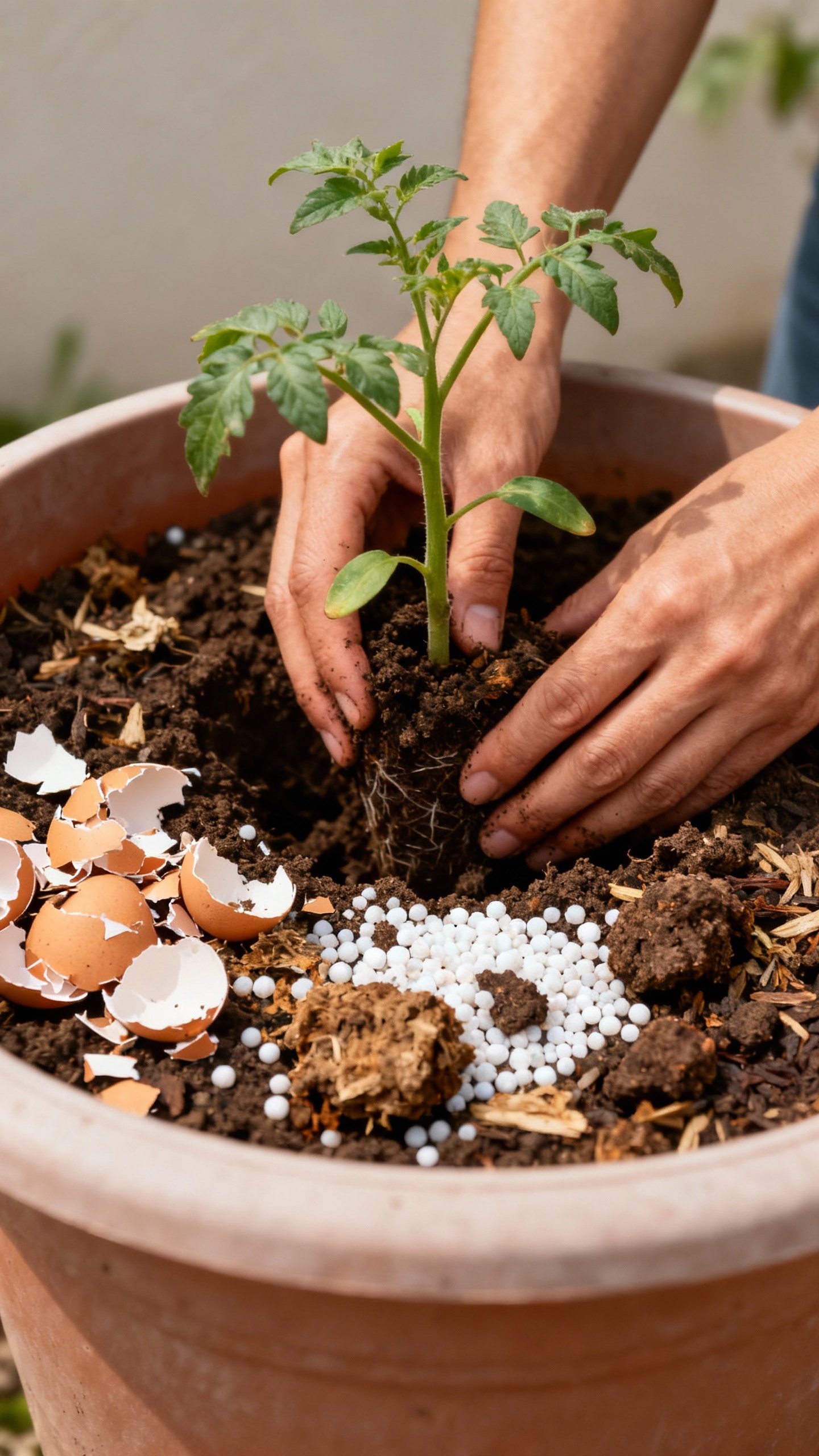 Hands burying tomato seedling deep in large container, adding crushed eggshells, compost mix, perlit