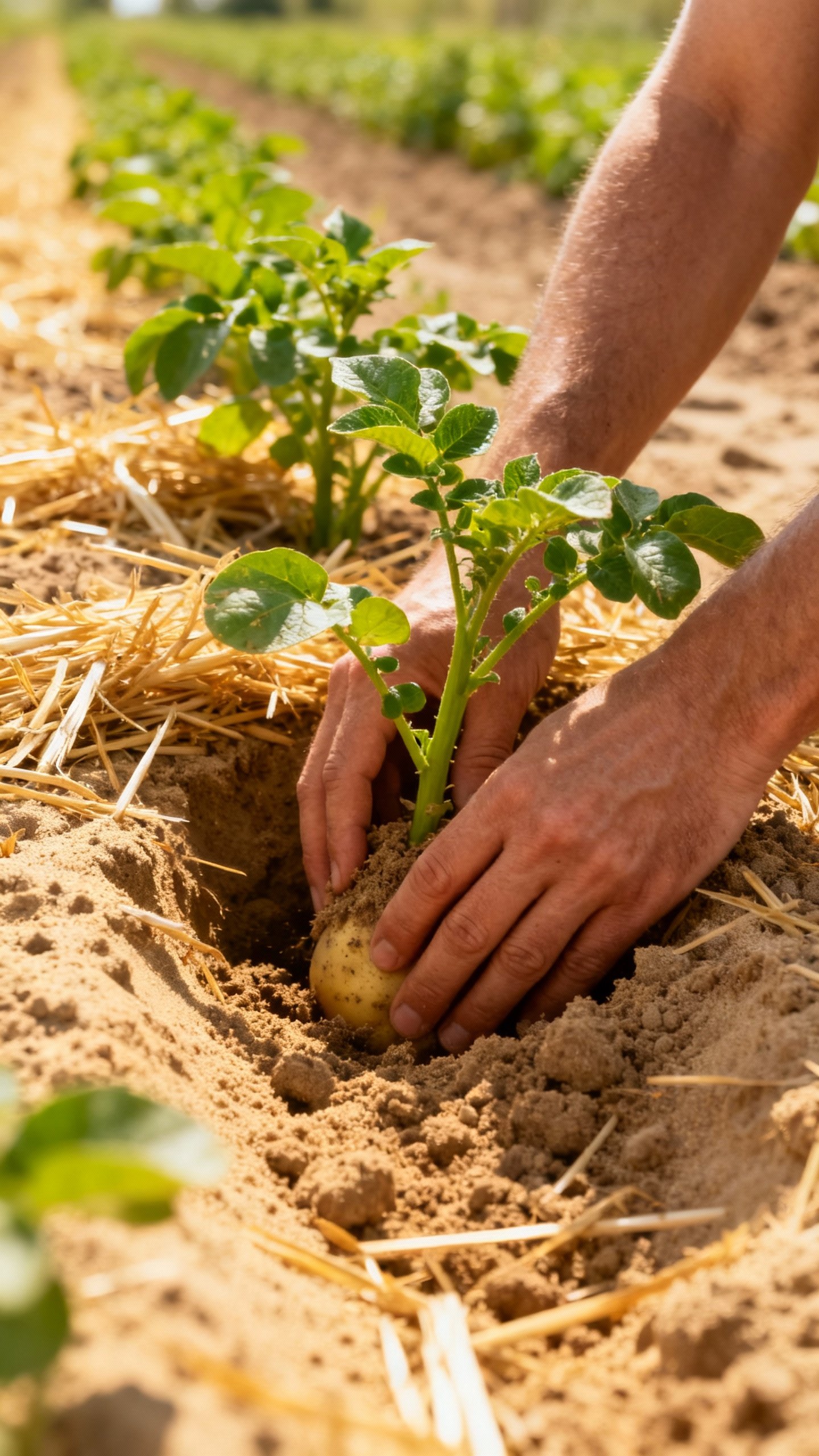 Hands hilling green potato stems with loose sandy loam, straw mulch visible