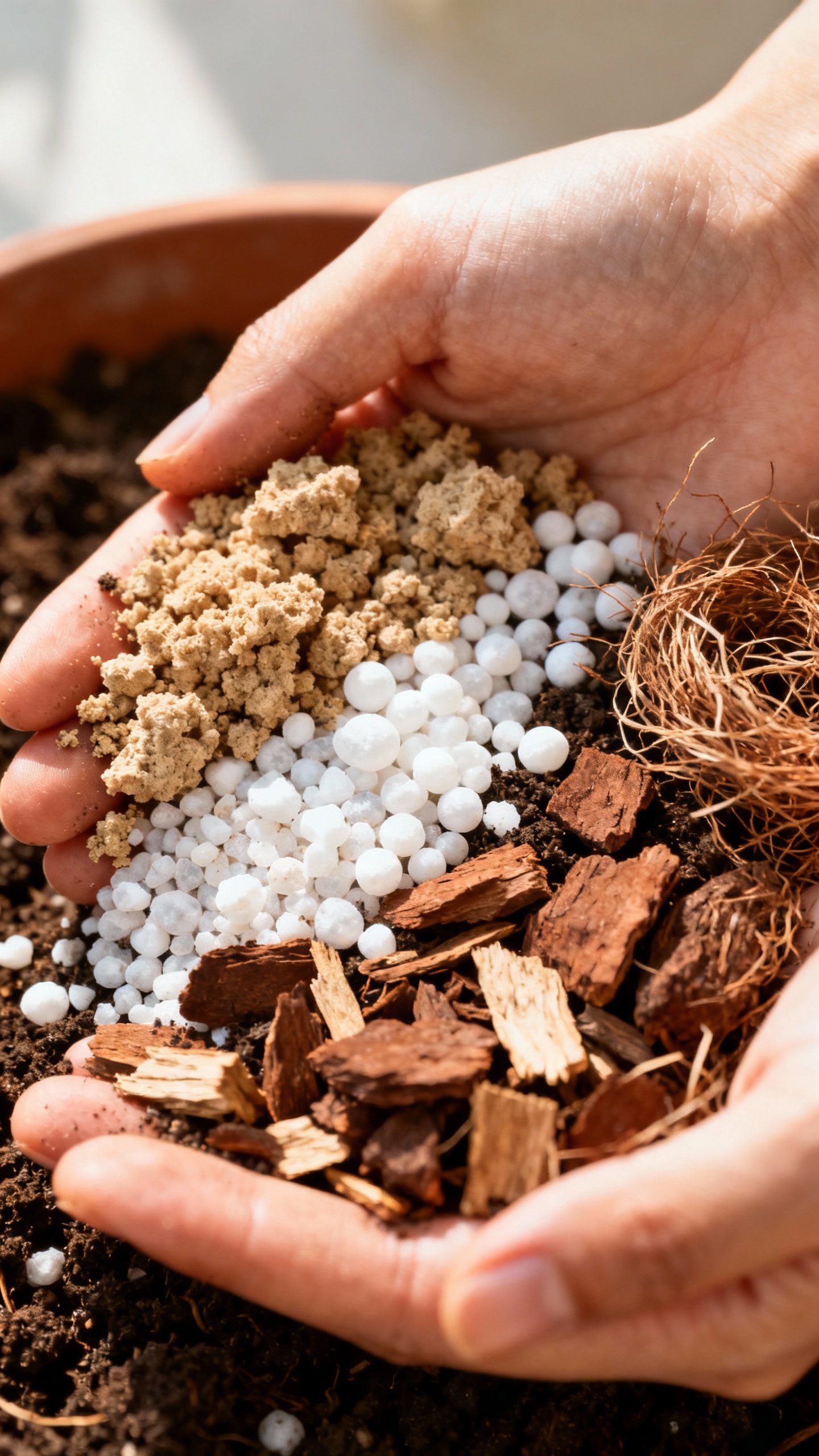 Hands mixing airy soil: potting mix, perlite, orchid bark, coco coir