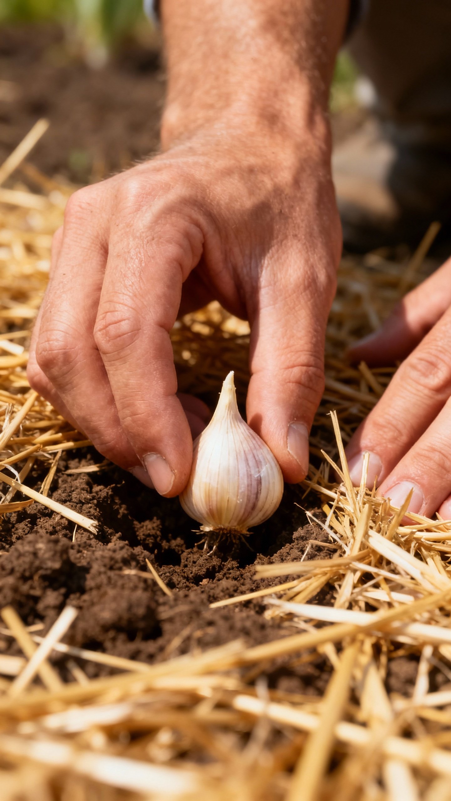 How To Plant and Grow Garlic — Even If You’ve Never Planted Anything Before Hands planting garlic clove pointy end up, mulched straw