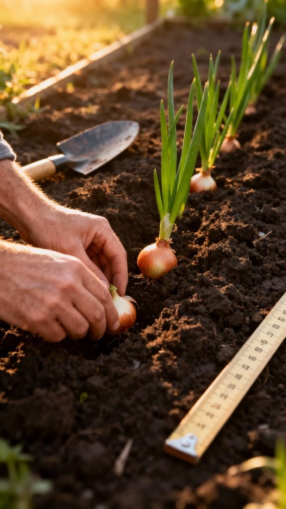 Hands planting onion sets in dark loamy soil, trowel and measuring stick, green shoots, morning ligh